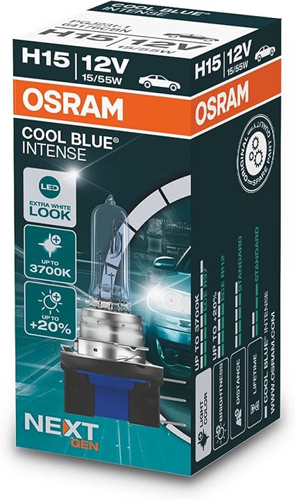 OSRAM COOL BLUE INTENSE H15, +20% más de brillo, hasta 3700K, lámpara de faro halógena, aspecto LED, caja plegable (1 lámpara)