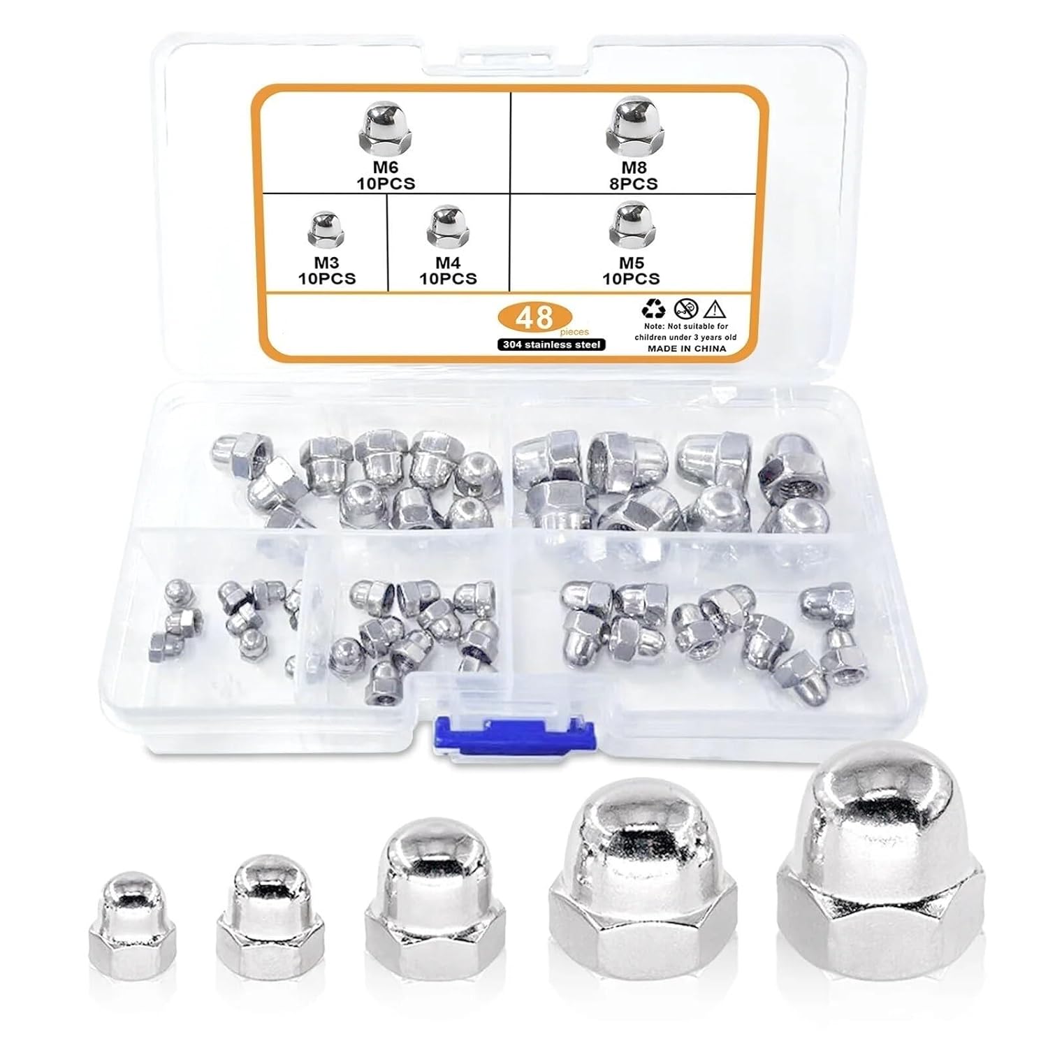 Acorn 144Pcs Outer Hexagonal Round Head Nuts Kit 304 Stainless Steel Acorn Cap Nut Suitable for Automotive Tire Installation