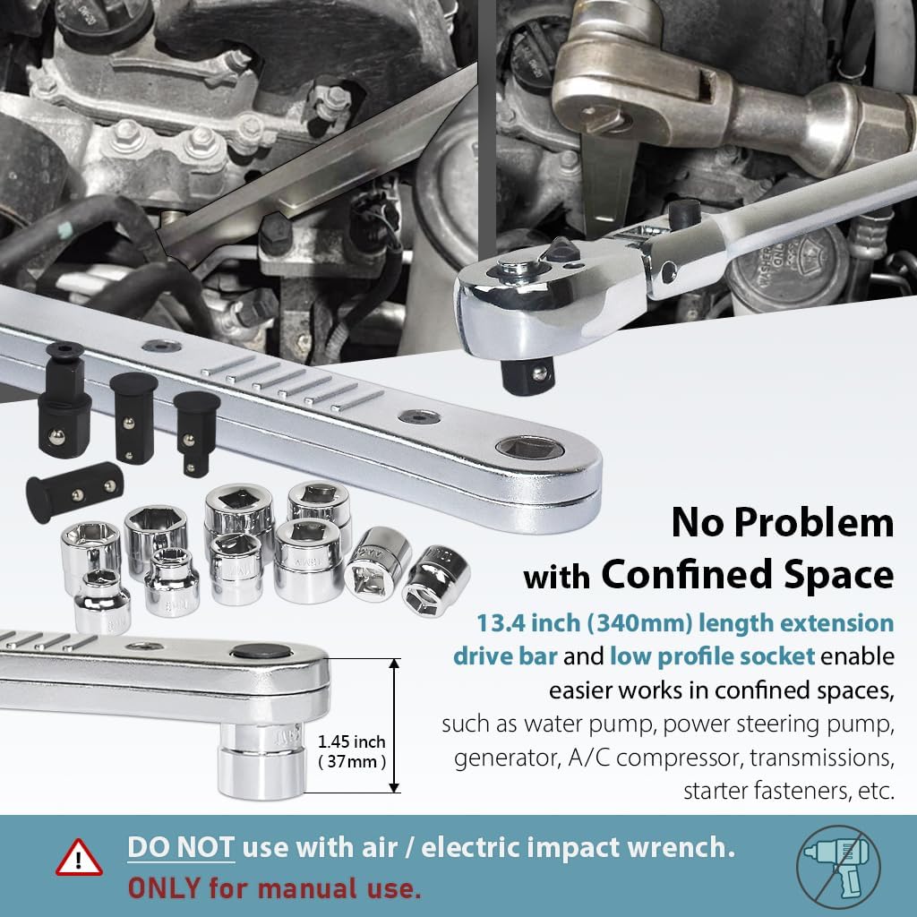 FIRSTINFO F32291C Max. Torque 130 Nm(96 ft-lb.) Offset Extension Wrench and Low Profile Socket Set with 8mm to 17mm 3/8" Sockets + 1/2 Inch, 1/4 Inch, and 3/8 Inch Square Drive Adapters