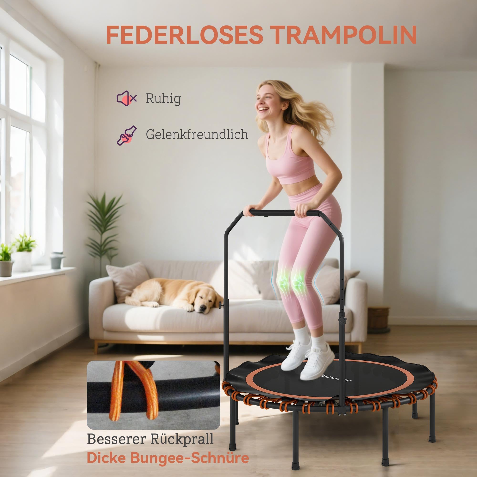 SPORTNOW Fitness Trampolin Ø114/122 cm klappbar Mini Trampoline mit 5 verstellbaren Handgriffstufen, leise Gummiseil, Trampolin für Erwachsene Trampoline für Indoor Outdoor Jumping