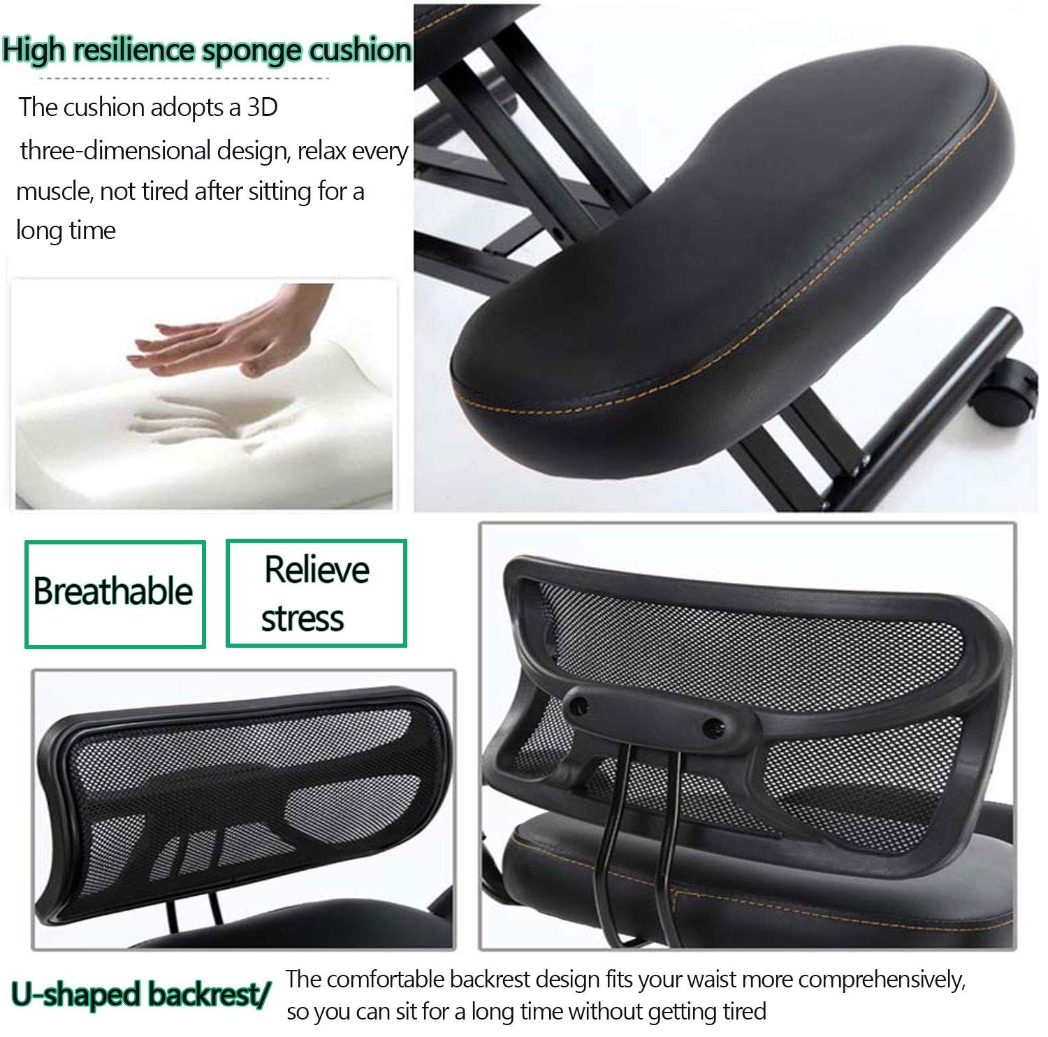 Silla de Rodillas Ajustable en Altura Taburete de Rodillas Ergonómica con Ruedas y Respaldo Sillas Ergonomicas Oficina para Alivia la Fatiga del Cuello y Las Piernas