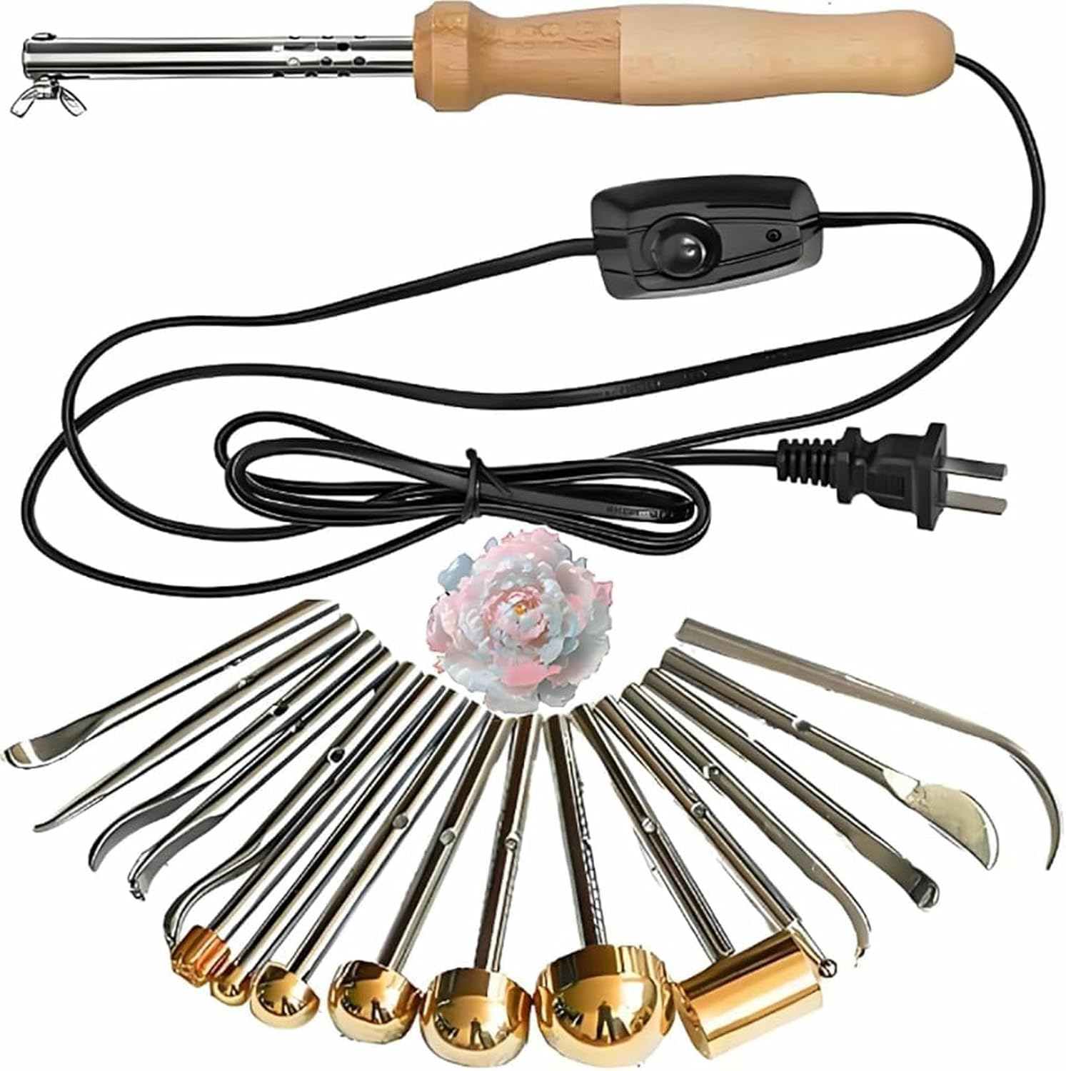 Electric Fabric Flower Maker, 17 Ironing Heads Artificial Flower Ironing Machine, Brass Fake Flower Making Tools Kit, Adjustable Temperature, Unreal Flowers Making Kit