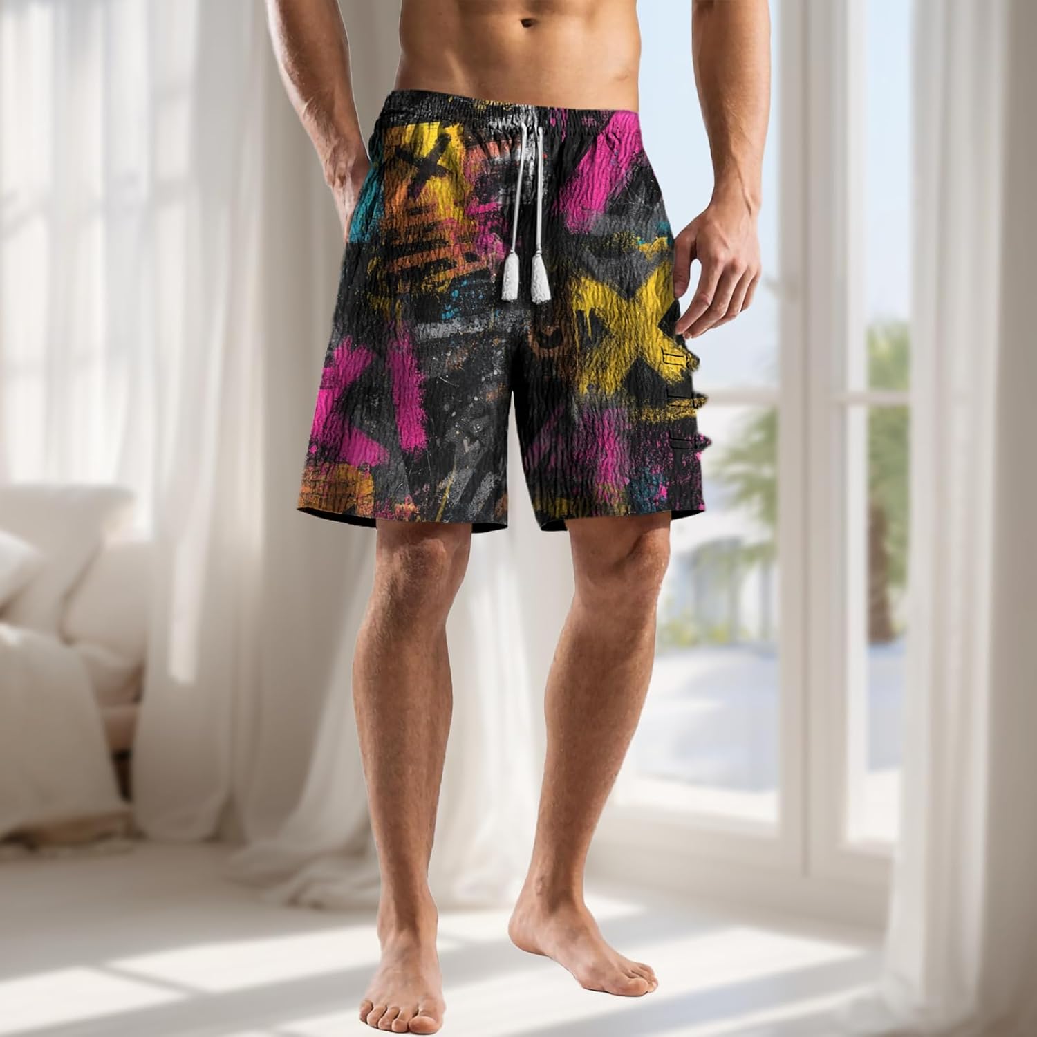 MARSVOVO Trendy Mens Casual Shorts Lounge Soft Drawstring Elastic Wide Leg Pants Vacation Shorts with Pockets - Image 2