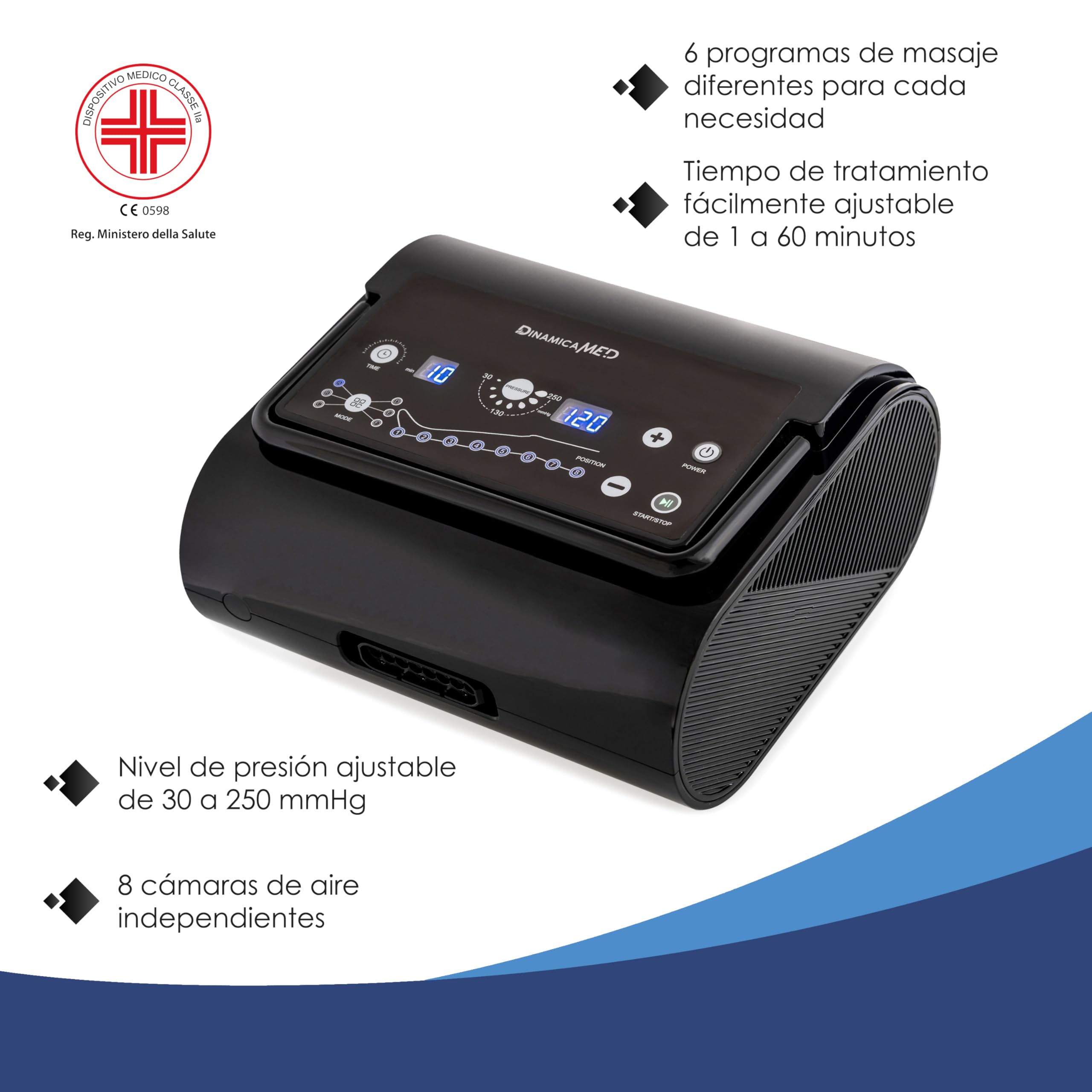Dinamicamed Premium 8.0 – Máquina de presoterapia para casa con drenaje linfático, 8 cámaras de aire, Piernas XL y Faja Abdominal