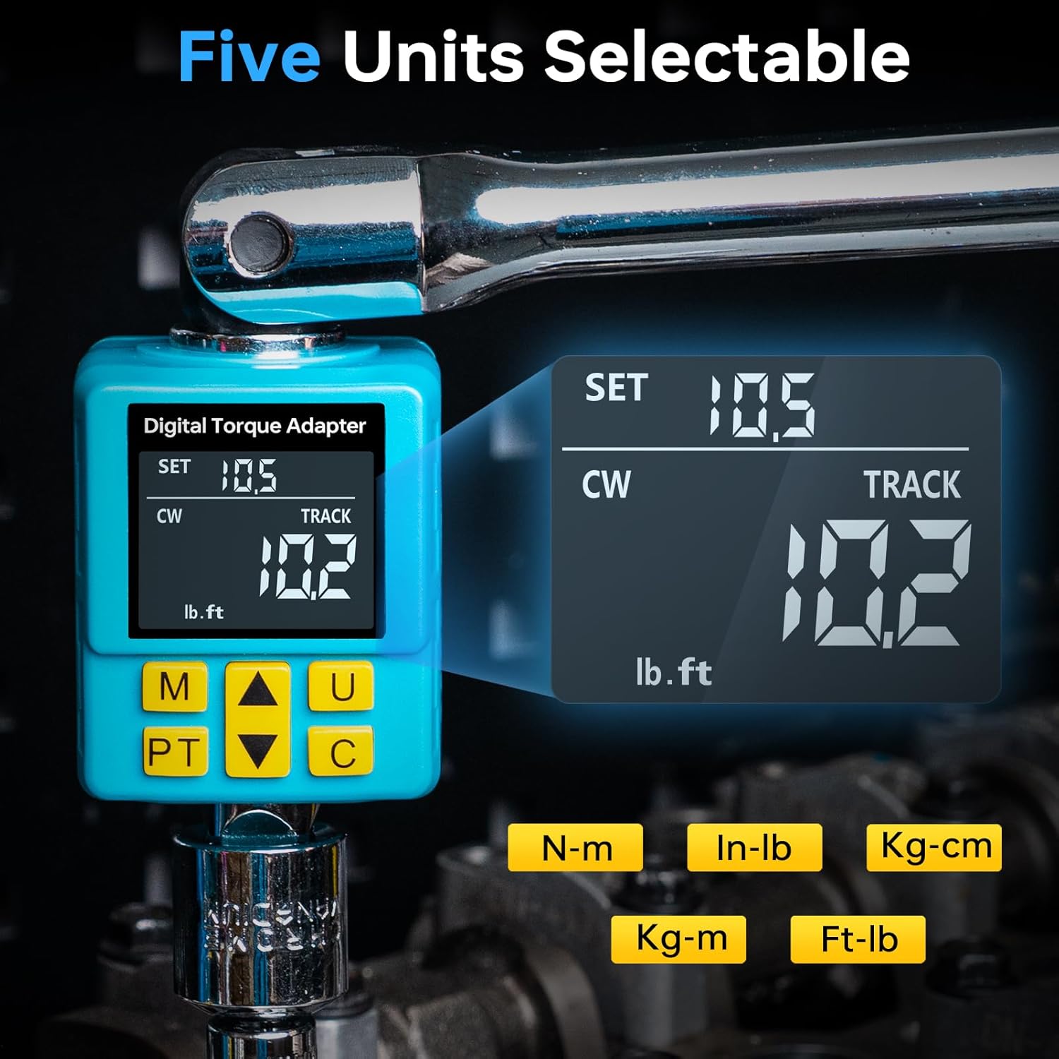 Digital Torque Adapter display showing 'TRACK' mode and a torque value in lb.ft, with icons for N-m, In-Lb, Kg-cm, Kg-m, and Ft-Lb units selectable below.