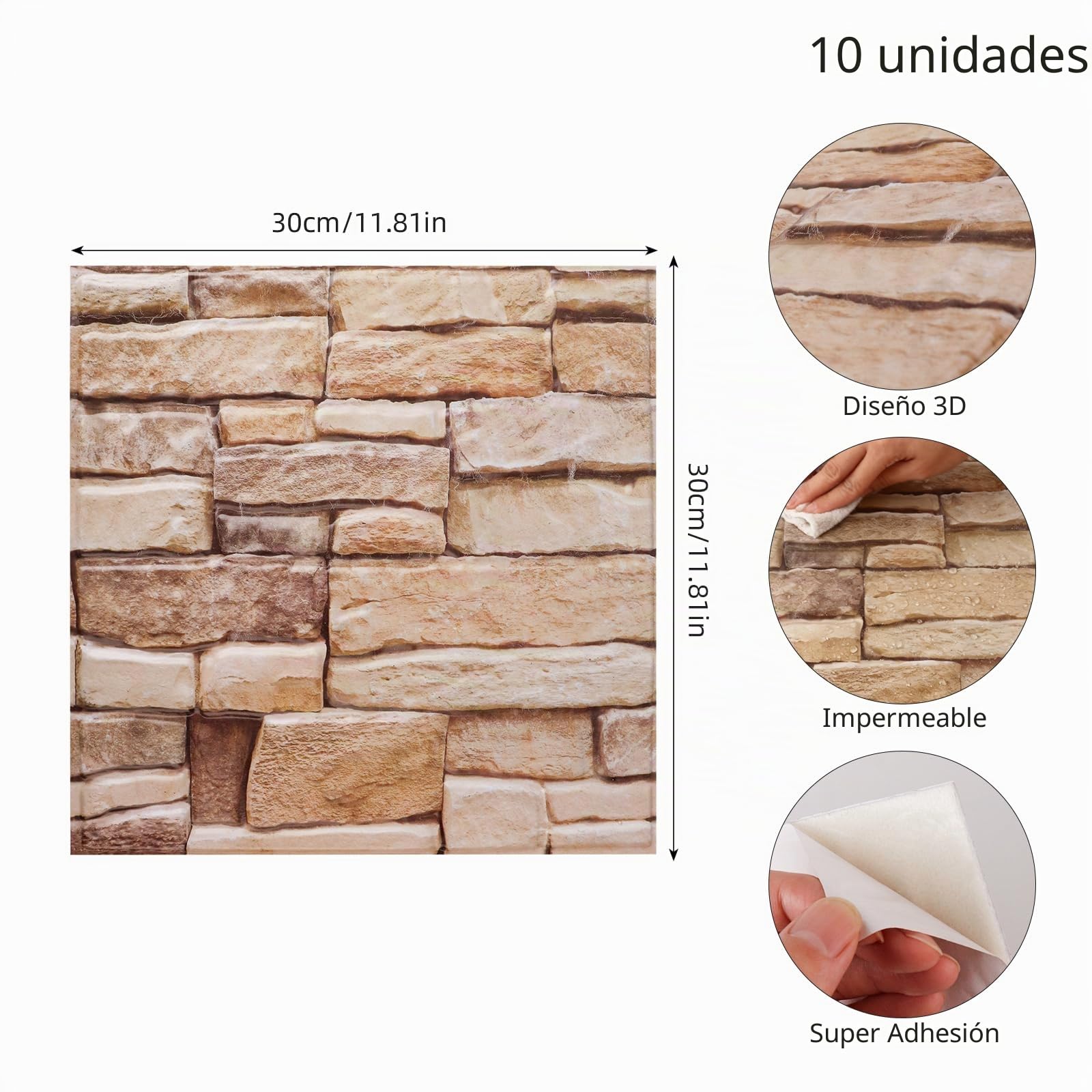 FRUHLING 10 paneles de pared 3D autoadhesivos, aspecto de piedra, 30 x 30 cm, resistentes al agua, papel pintado decorativo 3D de pared, paneles de PVC para cocina, dormitorio, baño, salón