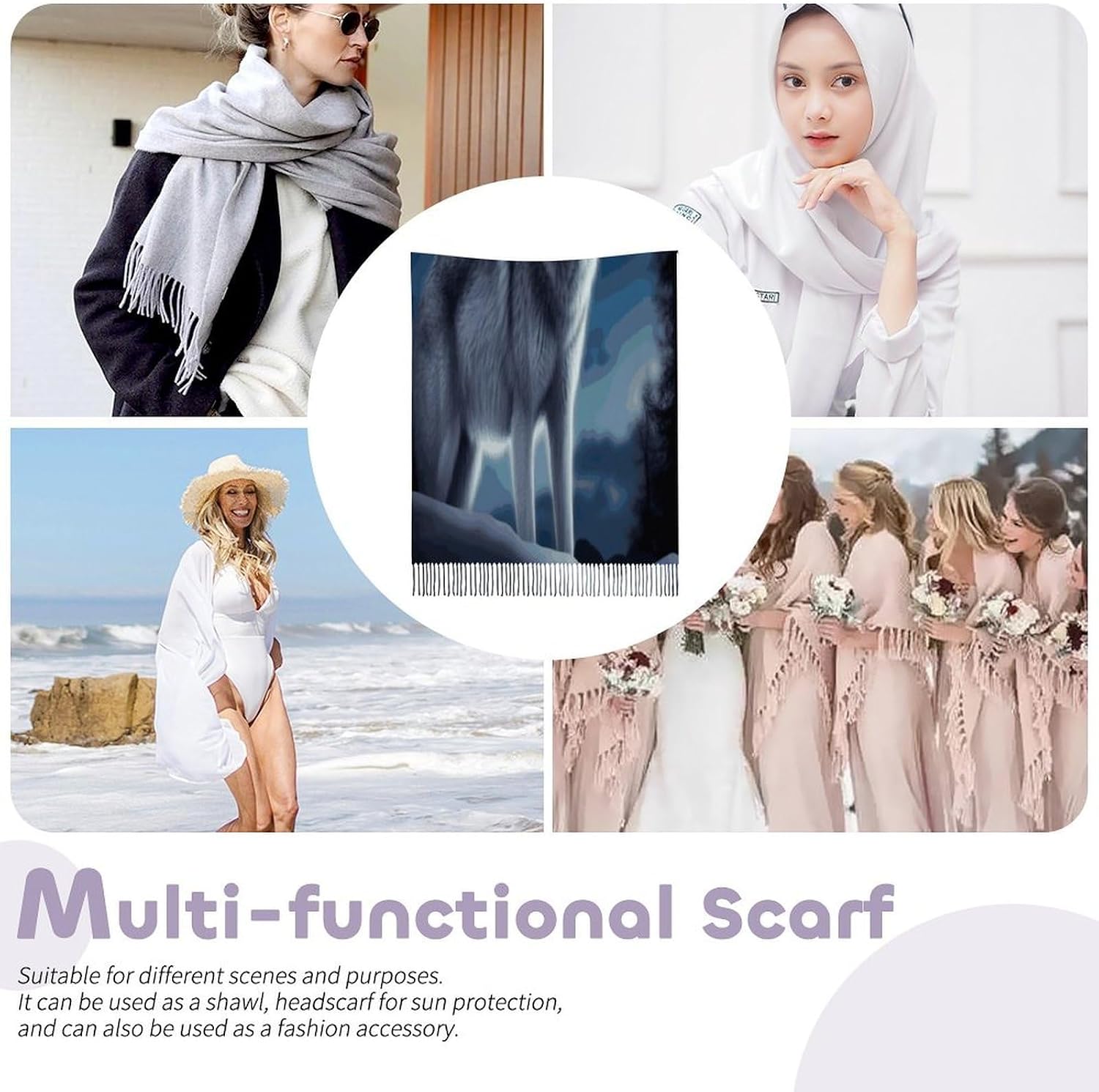 Wolf Under Moon Scarf for Women Men Soft Warm Fashion Blanket Scarves Classic Cashmere Feel Scarf Long Shawl Large Scarves Cold Weather Thick Blanket Scarfs