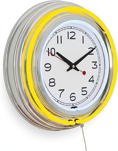 Neon Wall Clock 14 Round, Double Light Ring, Dual Power, Analog Quartz Timepiece Retro Décor for