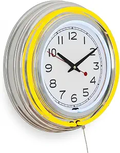 Neon Wall Clock - 14 Inch Round, Double Light Ring, Retro Yellow Design, Indoor/Outdoor Decor by Lavish Home