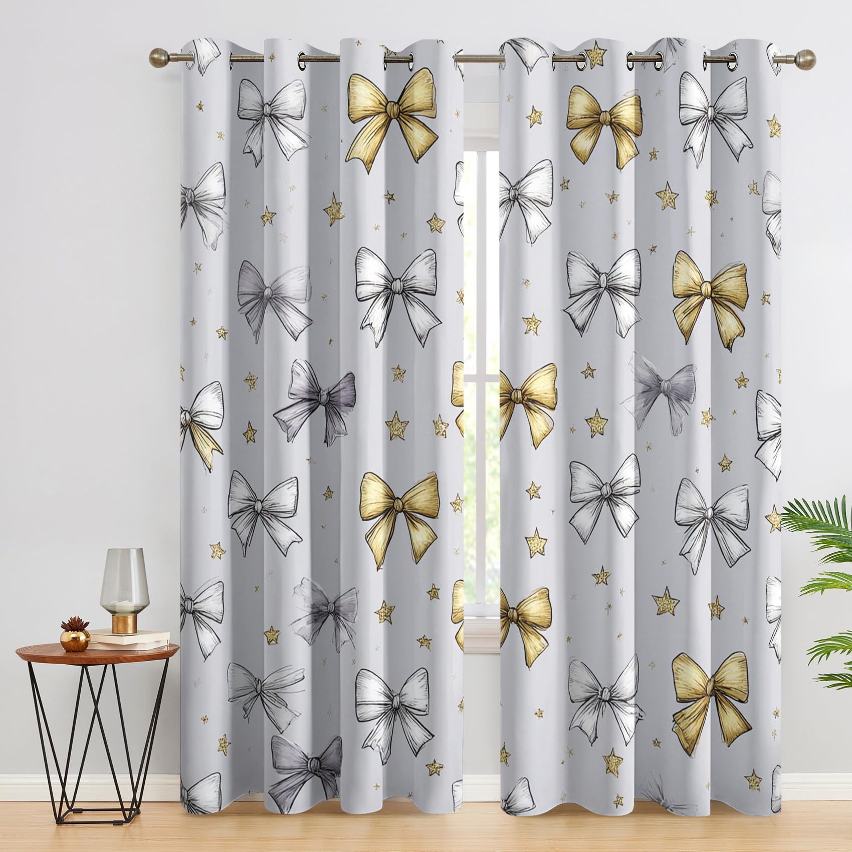Bowknot Curtains Blackout for Home Decor, Thermal Curtains Gray Yellow Girly Bow Pattern, Living Room & Bedroom Eyelet Drapes 72 Inch Drop, 66x72, 2 Panels E&120