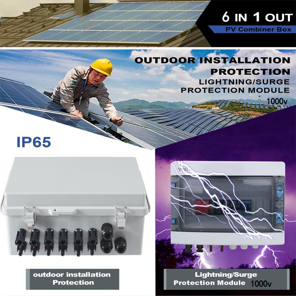 Combiner Box for Solar Panels Pv Combiner Box Solar Combiner Box with 6 String 15A Rated Current Fuse Surge Protective Device and 63A Air Circuit Breaker for On/Off Grid Solar Panel System