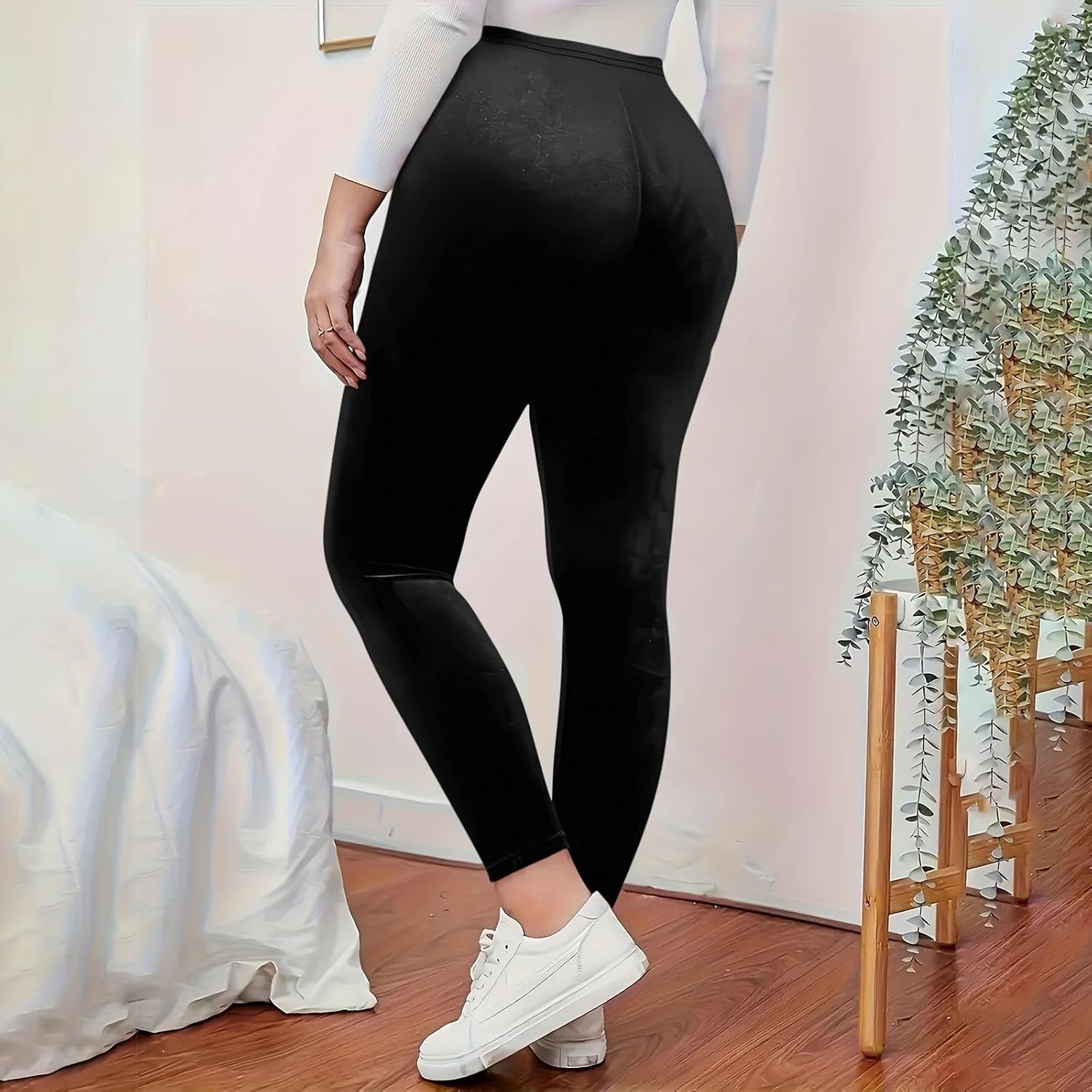 Women's High Waist Velvet Leggings Elastic Waist Solid Leggings Velvet Warm Yoga Pants Buttery Soft Velour Legging
