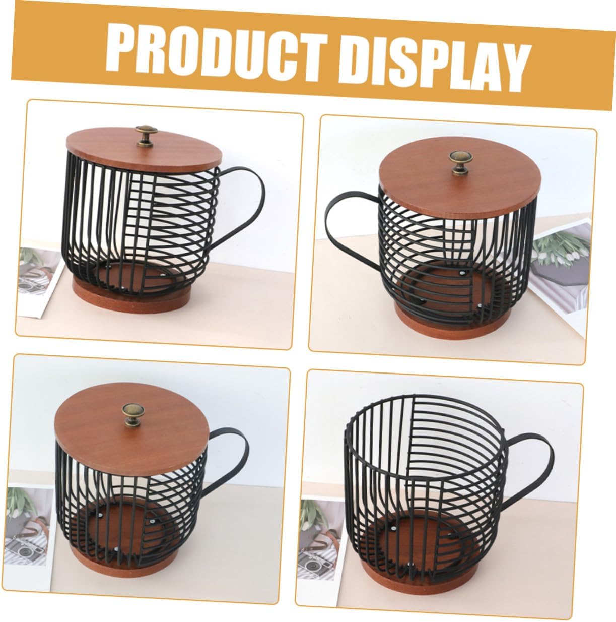 Ipetboom Wood and Metal Coffee Capsule Storage Basket with Lid Multi-functional Coffee Pod Holder Organizer for Kitchen Countertop Fruit and Snack Storage Rack Tea Cup Design