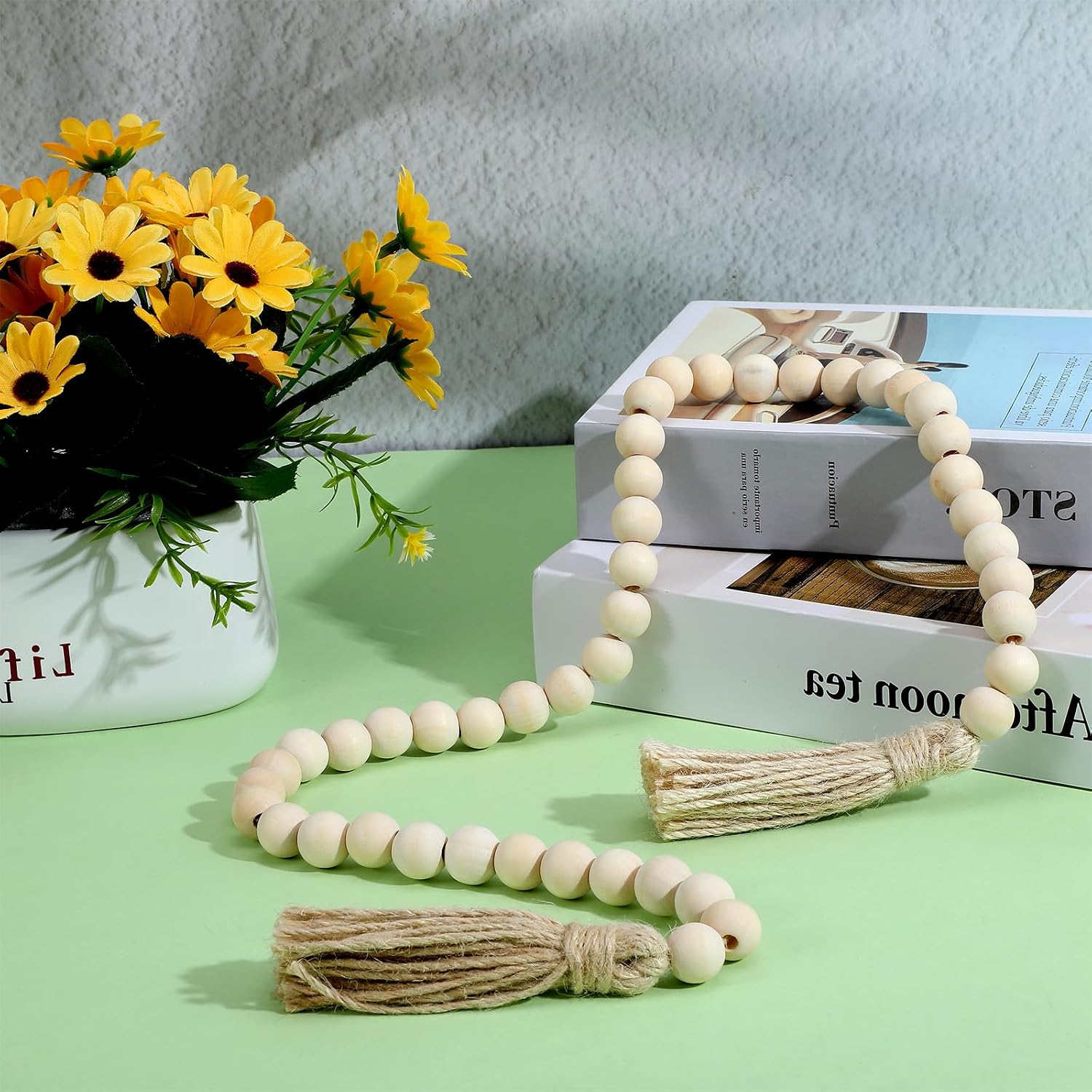 Decorative Beads Home Decor Boho Wood Garland with Tassels Farmhouse Wall Hanging Decorations Natural Wooden Tassel Decorative Room Hanging for Coffee Table Christmas and Prayer(Wood Color, 50inch)