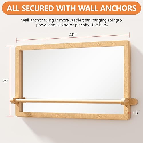 Miniatura 6 de Montessori - Espejo para bebé con barra de dominadas, espejo de madera para gimnasio y guardería, inastillable para guardería, escuela en casa o