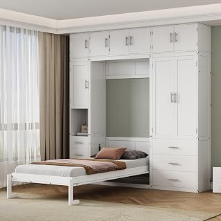 Merax Twin Size 99''H Pine Wood Murphy Bed Cabinet with Lockers and Storage Wardrobes Shelves, Foldable Platform Bedframe for Home, Bedroom, Small Room, Apartment, Includes Installation Video, White