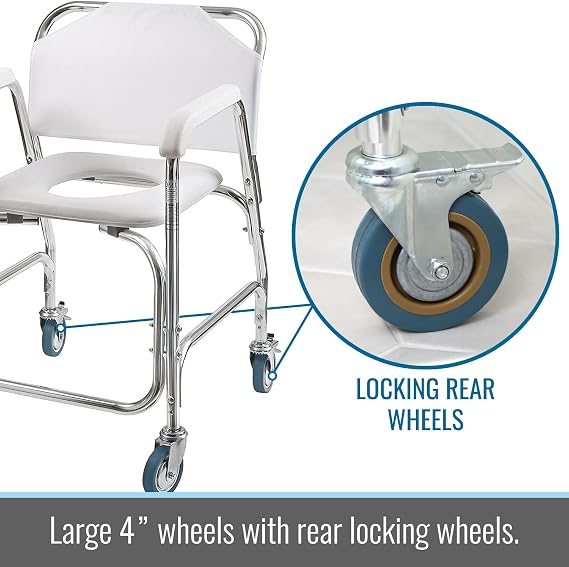 DMI Rolling Shower Chair, Commode, Transport Chair, FSA Eligible, Rolling Bathroom Wheelchair for Handicap, Elderly, Injured or Disabled, 250 Lb. Weight Capacity, Aluminum Frame, White