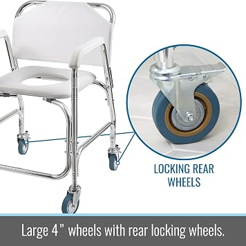 DMI Rolling Shower Chair, Commode, Transport Chair, FSA Eligible, Rolling Bathroom Wheelchair for Handicap, Elderly, Injured or Disabled, 250 Lb. Weight Capacity, Aluminum Frame, White