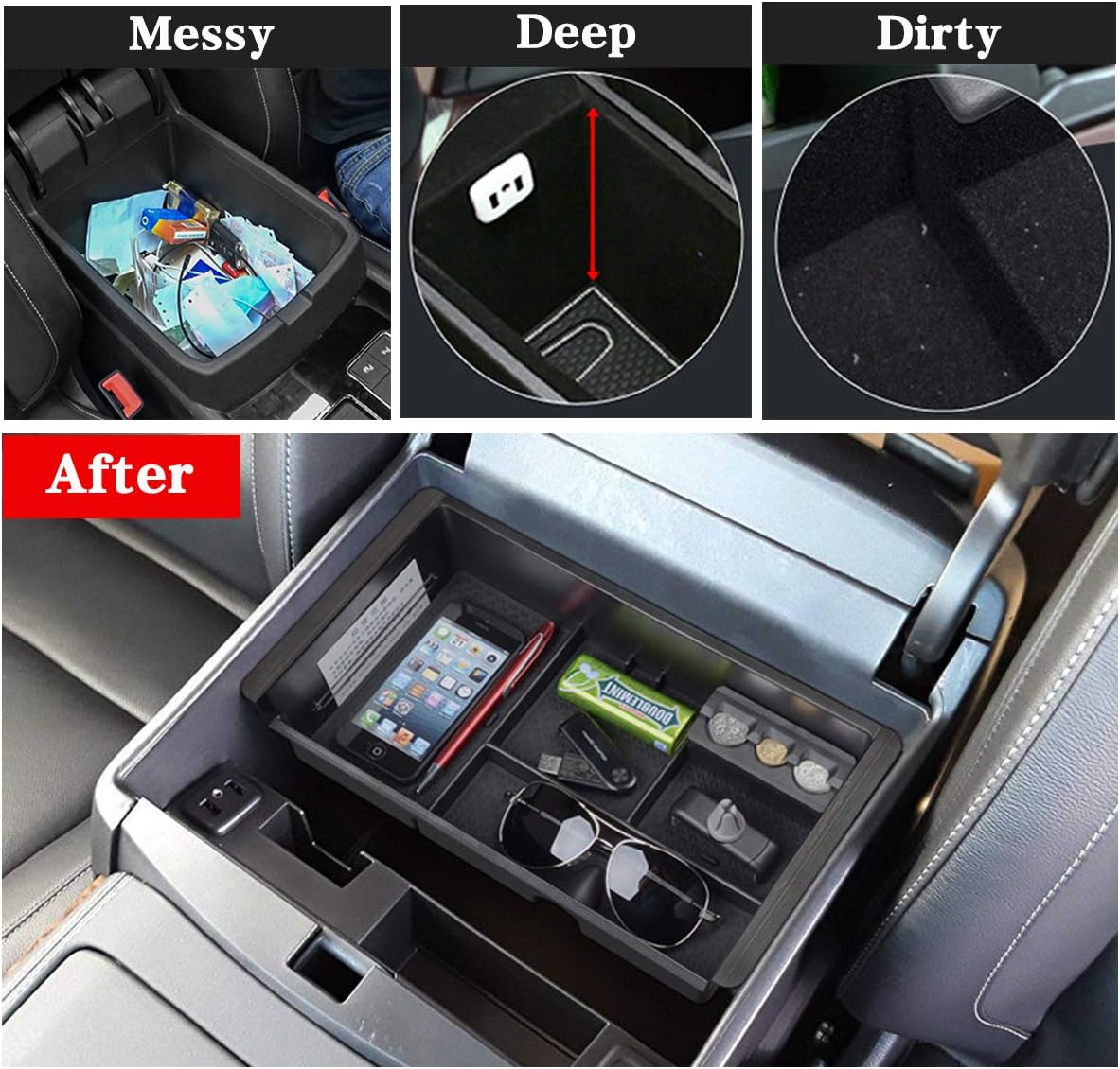 Before and after images of a messy console transformed by the organizer.