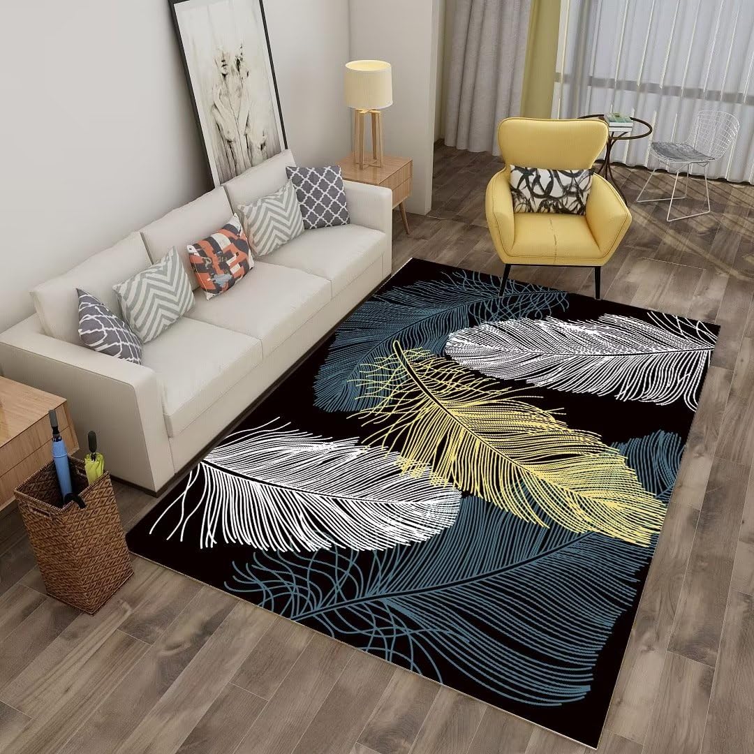 Tapis jaune pâle gris minimaliste au tissage premium motif plume 120X160Cm