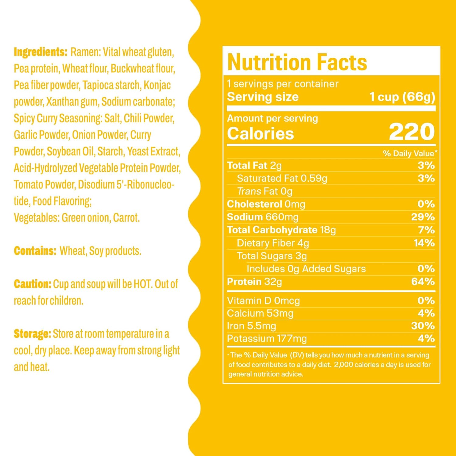 Hethstia Protein Ramen, Spicy Curry Flavor Pre-Packaged Ramen Soup Cup, 6-Pack Instant High-Protein Noodle Broth, 32g Plant Protein, Vegan, Low Fat, Air-Dried, Non-GMO, Healthy Meal