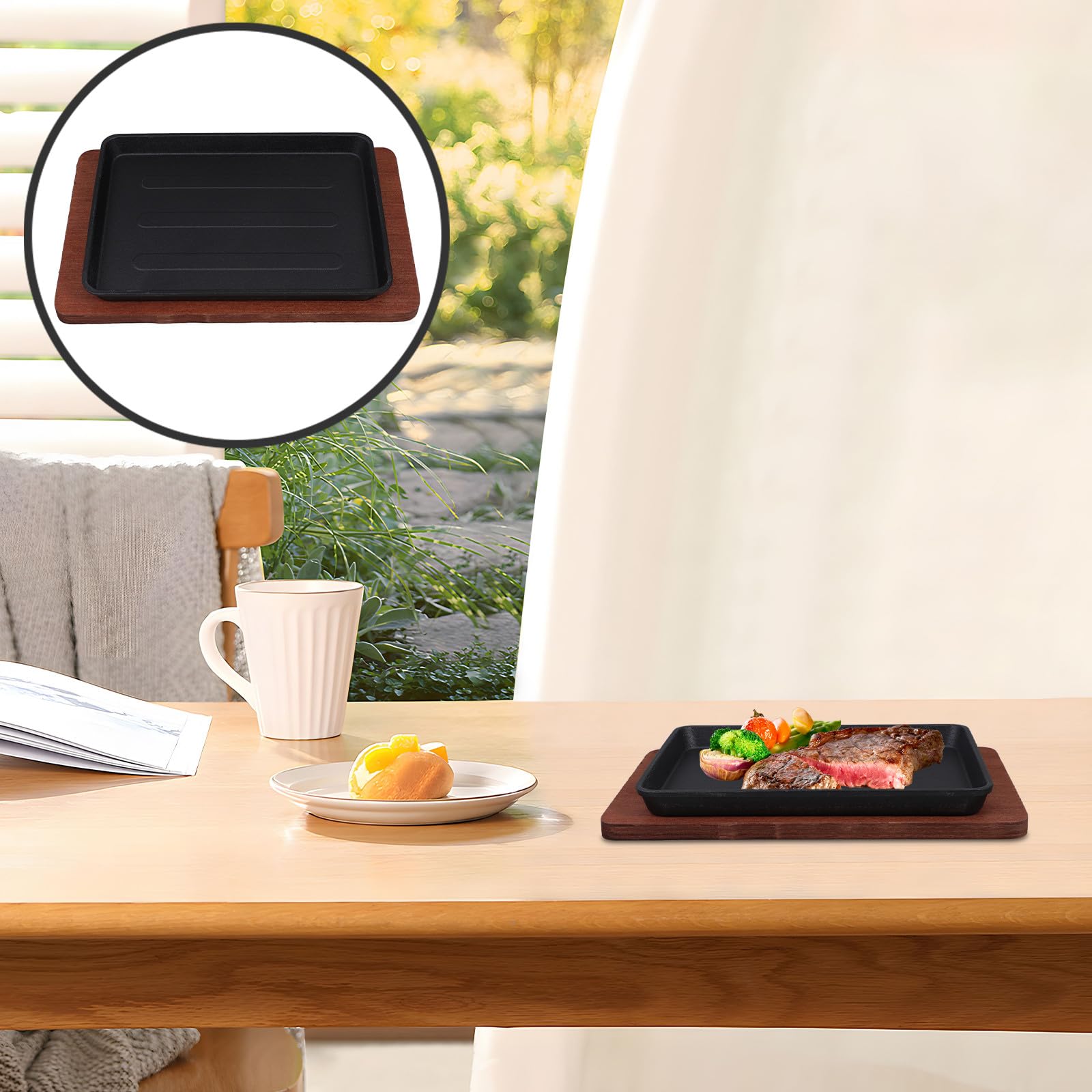 POPETPOP Piastra Quadrata Piastra Antiaderente Versatile in Ghisa Smaltata con Base in Legno di Faggio per Cucina Domestica, per Bistecche e Barbecue