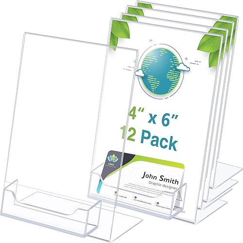 Miniatura 8 de Remerry 12 soportes acrílicos para letreros con tarjetero de presentación, soporte de papel inclinado, soporte de exhibición transparente para