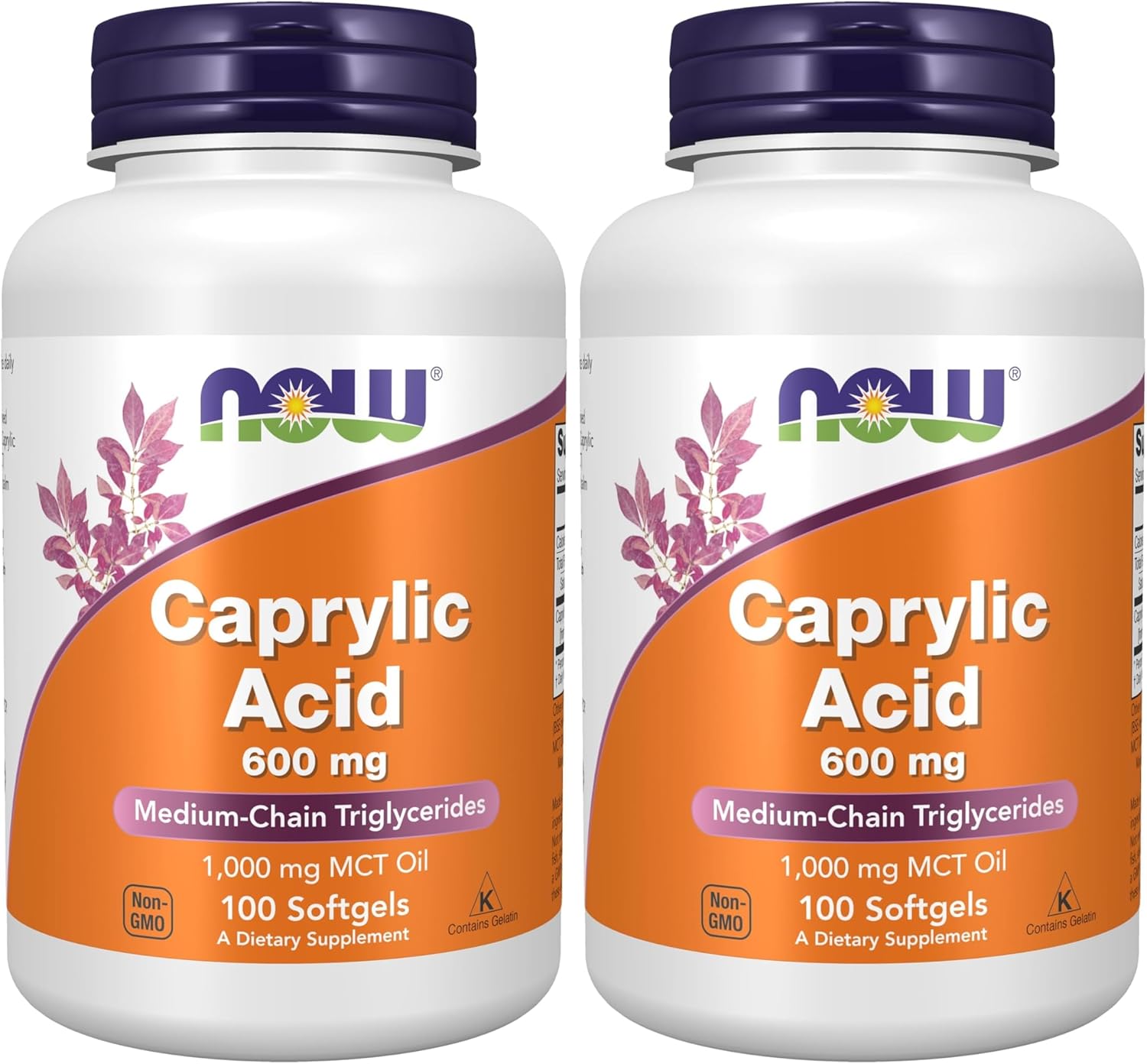 NOW Foods Supplements, Caprylic Acid 600 mg, MCT (Medium-Chain Triglycerides), 100 Softgels, (Pack of 2)
