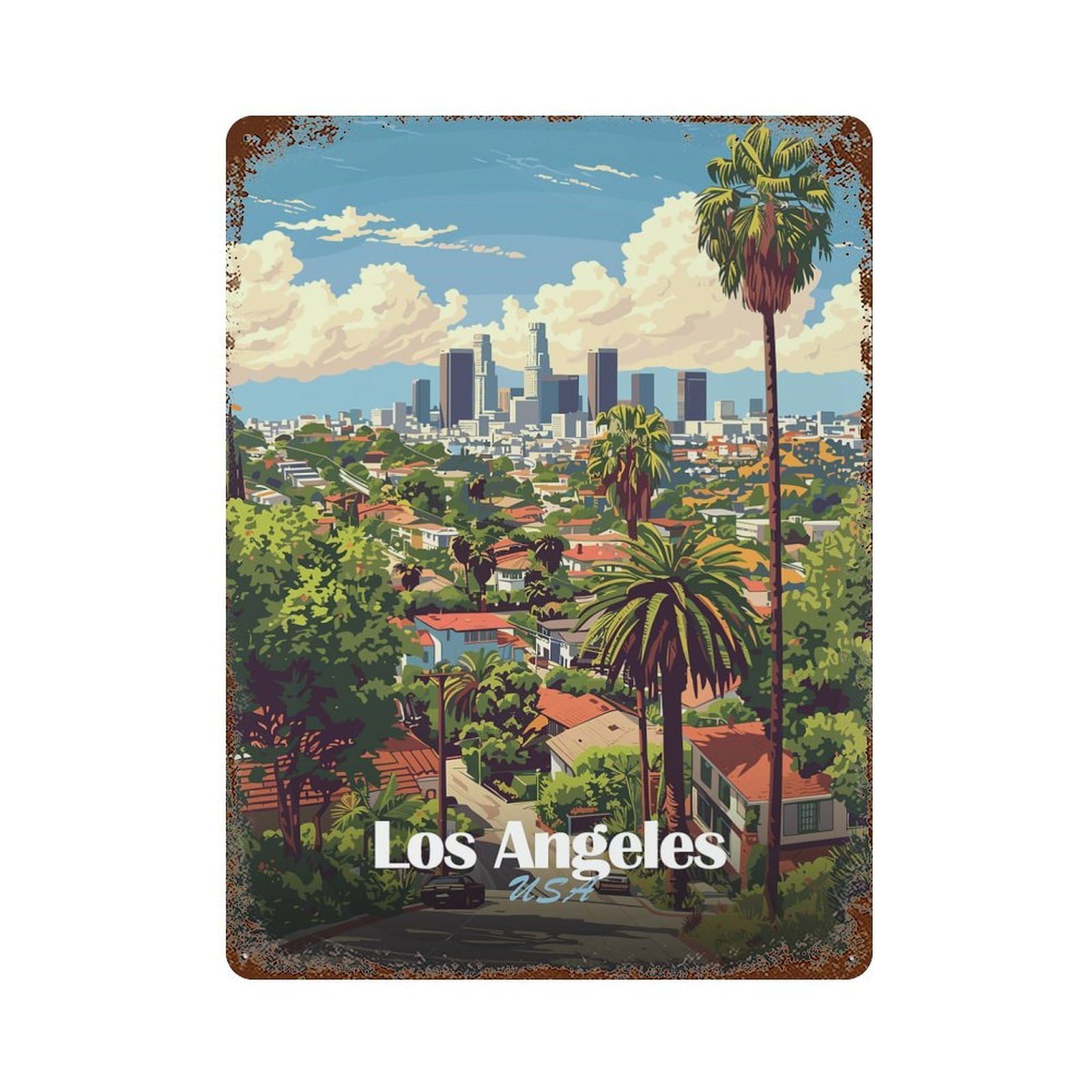 Los Angeles Cityscape Illustration Rust Effect Tin Sign 15.7"x11.8", Old School Wall Decor for Farmhouse, Kitchen And Entryway Decor