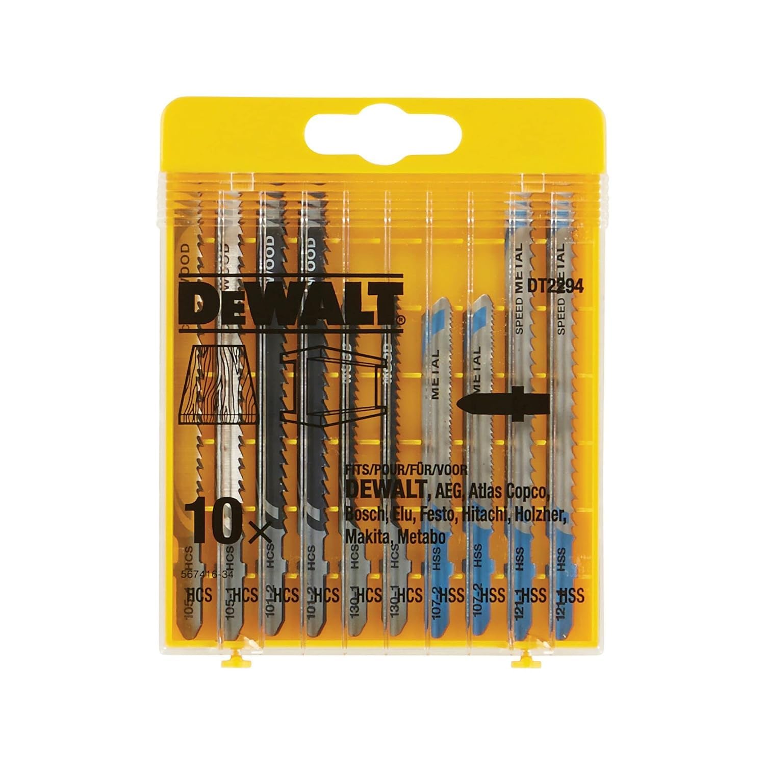 Dewalt DCS335NT-XJ Akku-Stichsaege, 18 V (Basisversion ohne Akku und Ladegerät) + HCS Stichsägeblatt-Set, 10 Stück (für Holz und Metall) DT2294