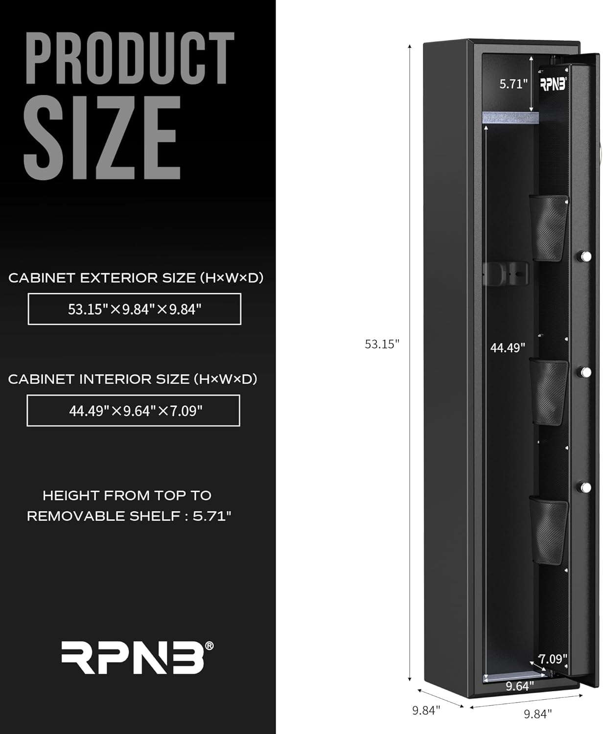 Diagram showing RPNB Biometric Rifle Safe dimensions