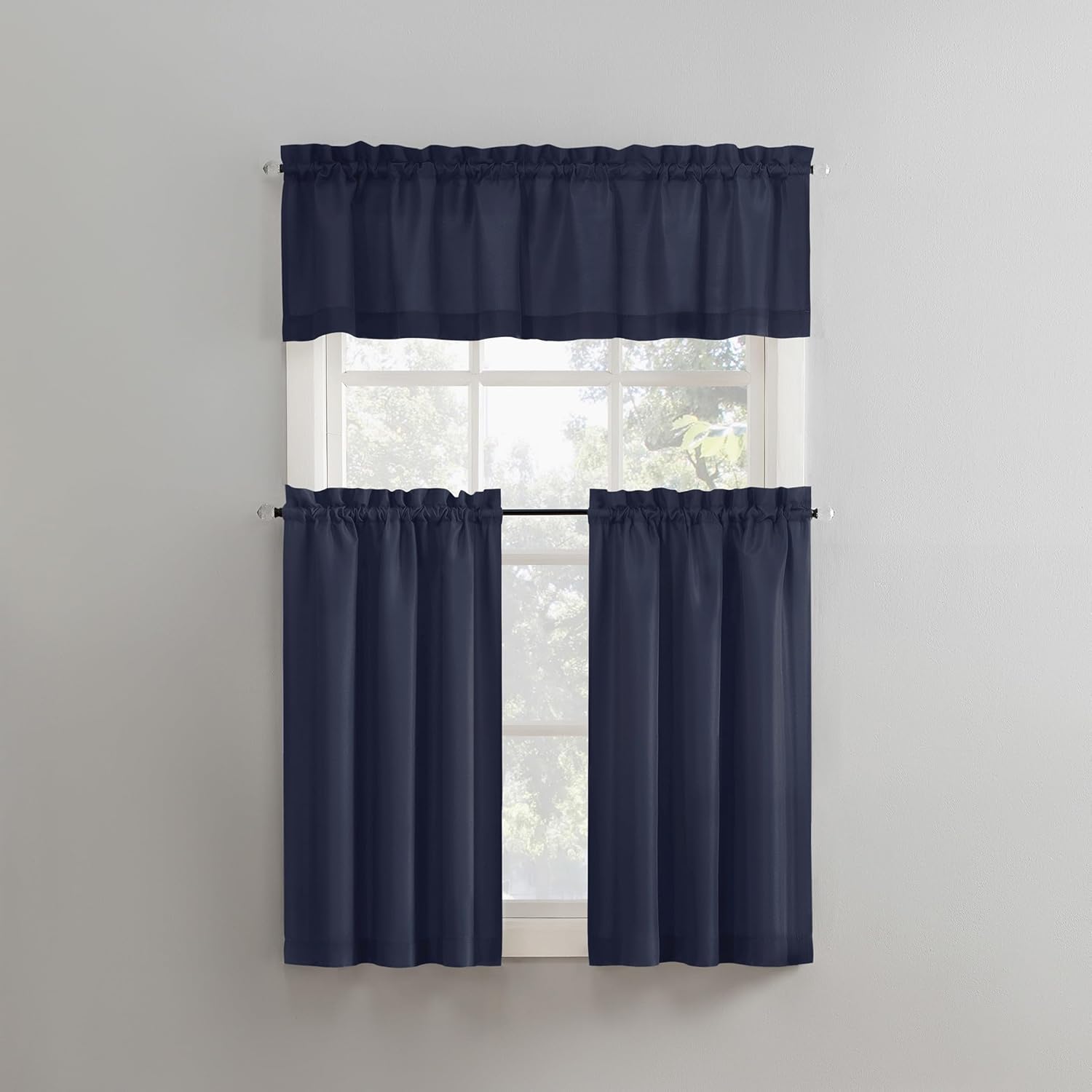 No. 918 Martine Microfiber Semi-Sheer Rod Pocket Kitchen Curtain Valance and Tiers Set, 54" x 24", Navy Blue