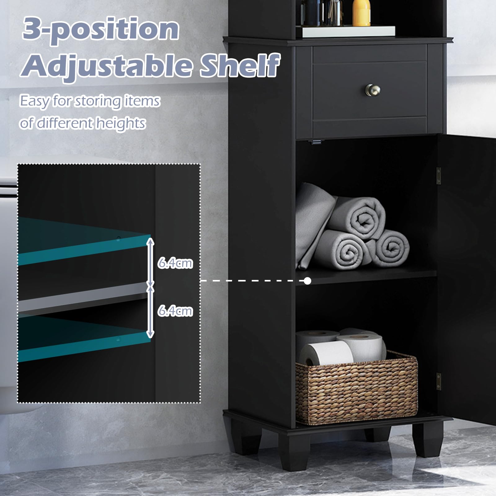 GIANTEX Mobile da bagno alto 172 cm, colonna bagno con 3 ripiani aperti, 1 cassetto, 1 anta e ripiano regolabile, salvaspazio, mobile portaoggetti per cucina, soggiorno (nero)