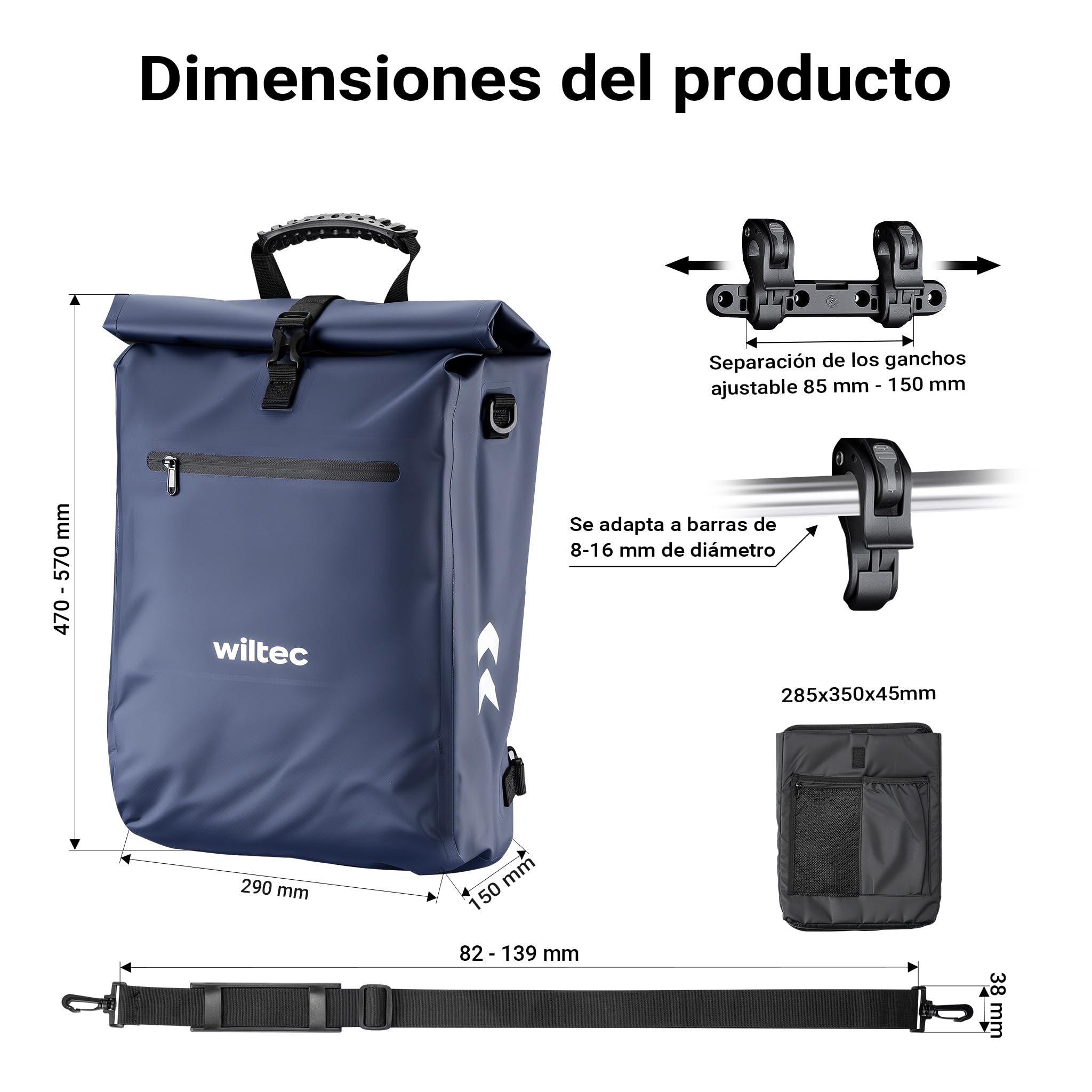 WilTec Bolsa para Bicicleta 3 en 1 de 25 L Azul Resistente al Agua con Compartimento para portátil Multifuncional de fácil instalación en portabultos Trasero de Bicicletas Tradicionales o eléctricas