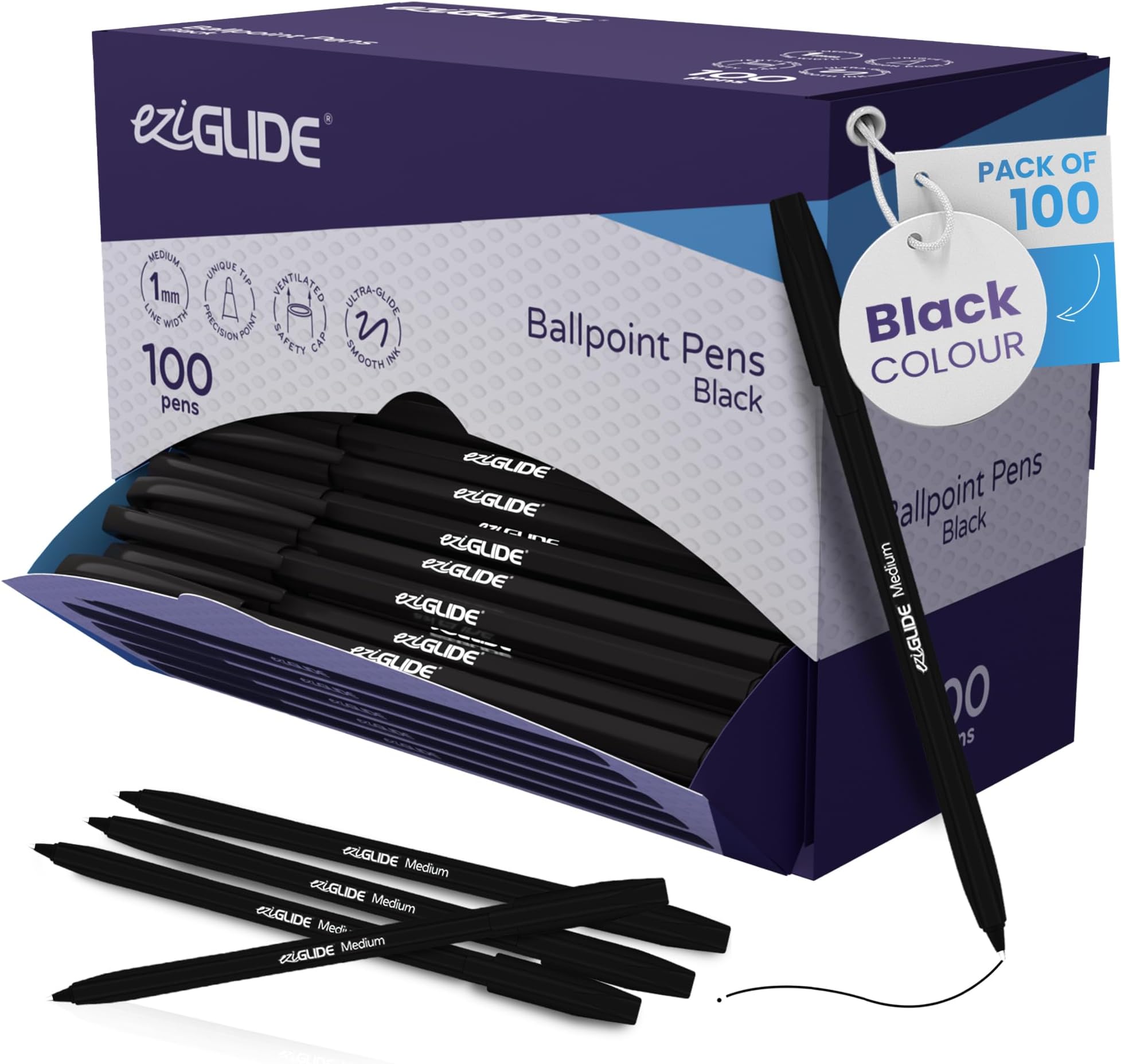 Eziglide 100-Pack Black Ballpoint Pens Set – Medium Point (1.0mm) for Ultra-Smooth Writing & Consistent Ink Flow – Ideal for School, Exams, Home, Office & Work Stationery Supplies