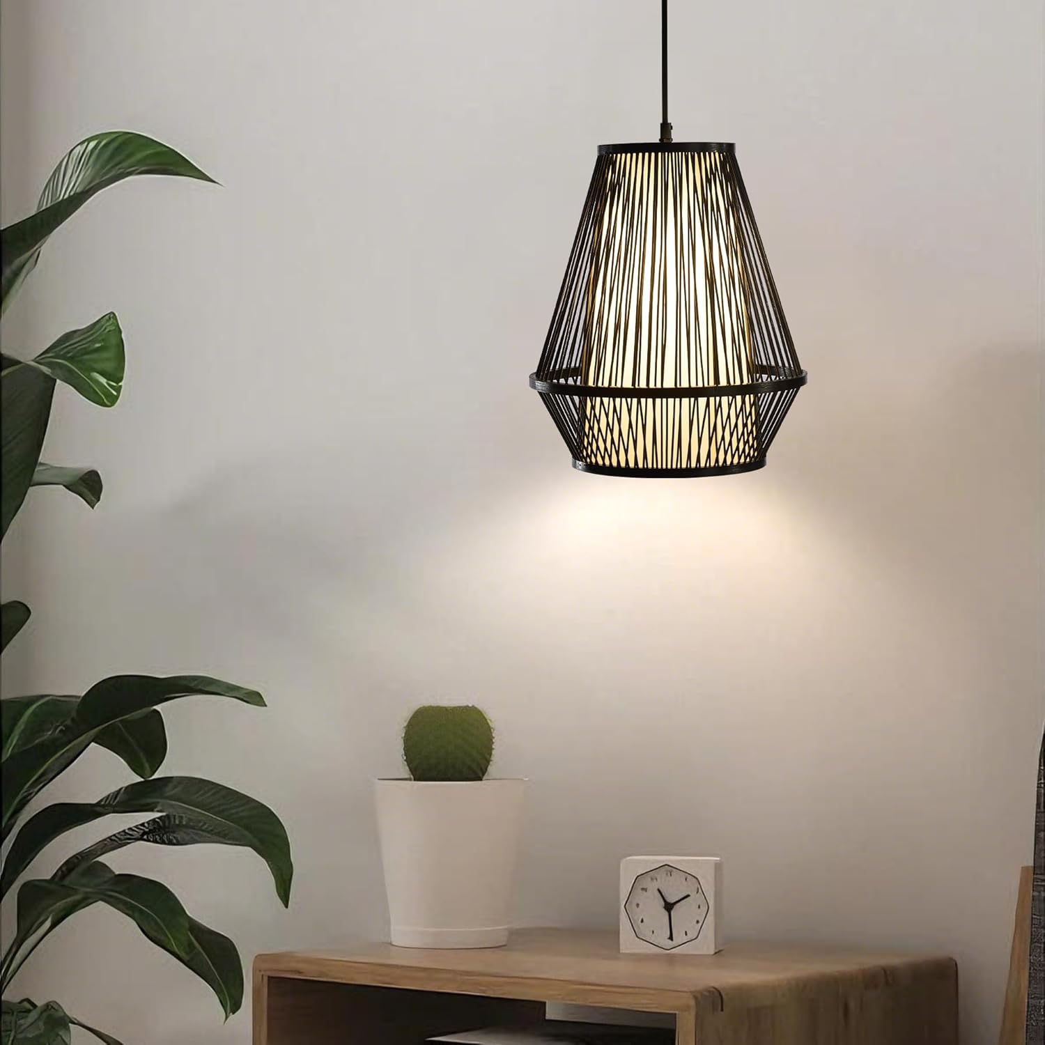 Boho Rattan Pendant Light, 12" Handwoven Bamboo Wicker Basket Shade Pendant Light Fixture, Natural Rustic Farmhouse Chandelier for Kitchen Island, Dining Room, Bedroom