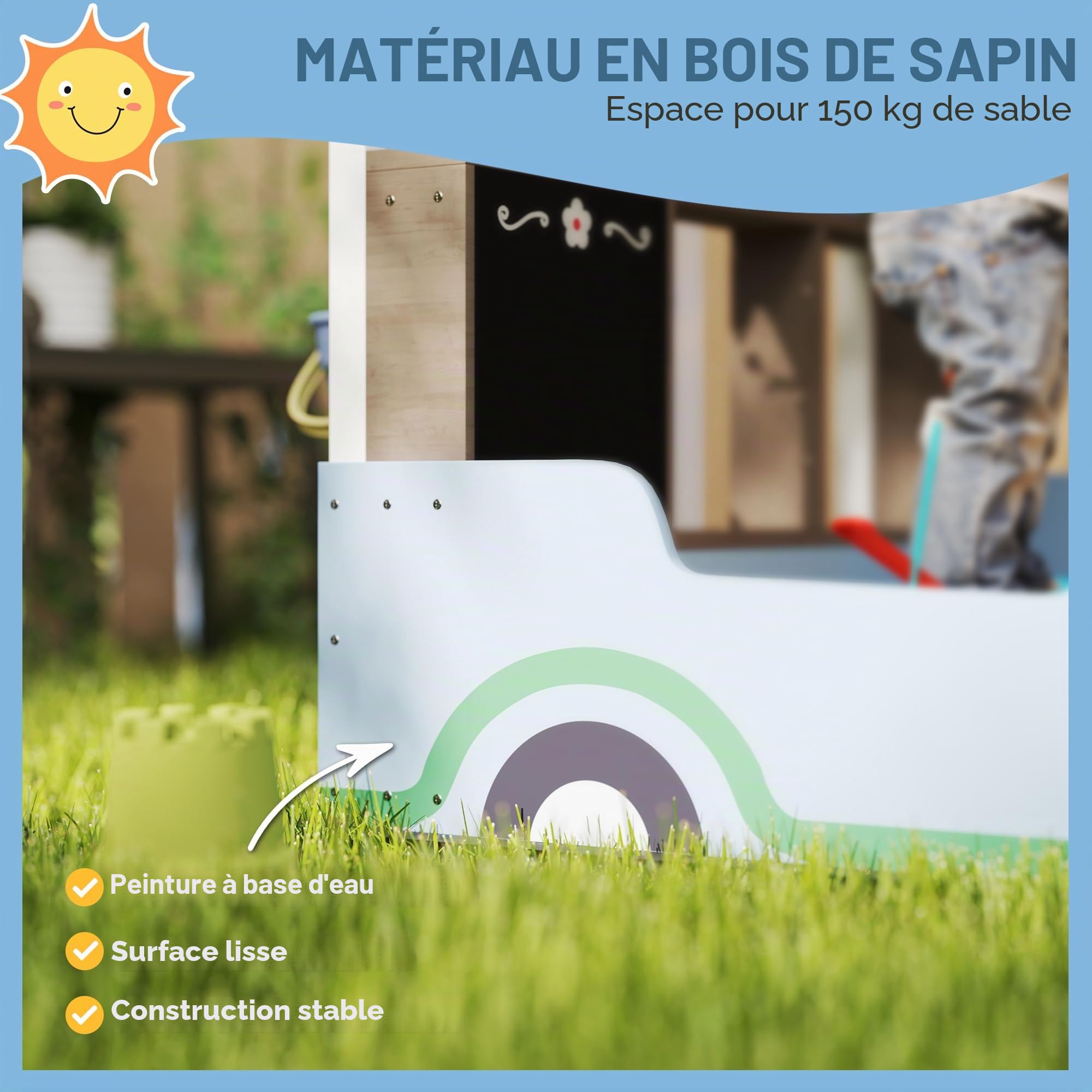 Qaba Bac à Sable en Bois avec auvent, bancs, 3-7 Ans, Bleu