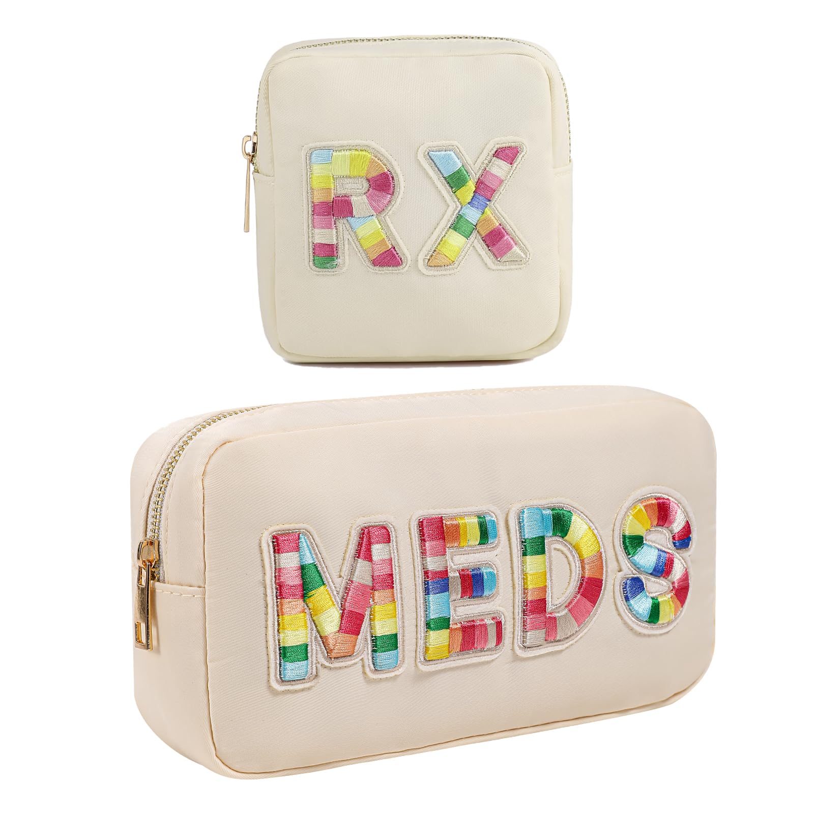 2Pcs Chenille Letter Patch Nylon Medicine Makeup Bag Set,Cute MEDS Travel Makeup Bag with Metal Zipper, First Aid Purse Organizer Cosmetic Bag for Women and Girls(MEDS and RX)