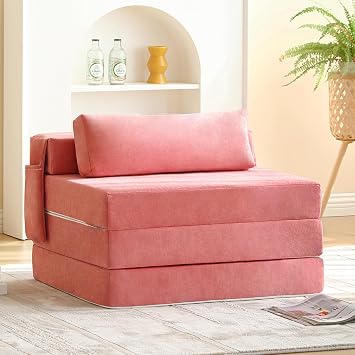 Tiita Folding Sofa Bed Chair, 4-Fold Convertible Sleeper Chair with Lumbar Pillow, Washable Cover & Side Pocket, Floor Couch Bed with Raised Seat, Single Size for Small Spaces, Pink
