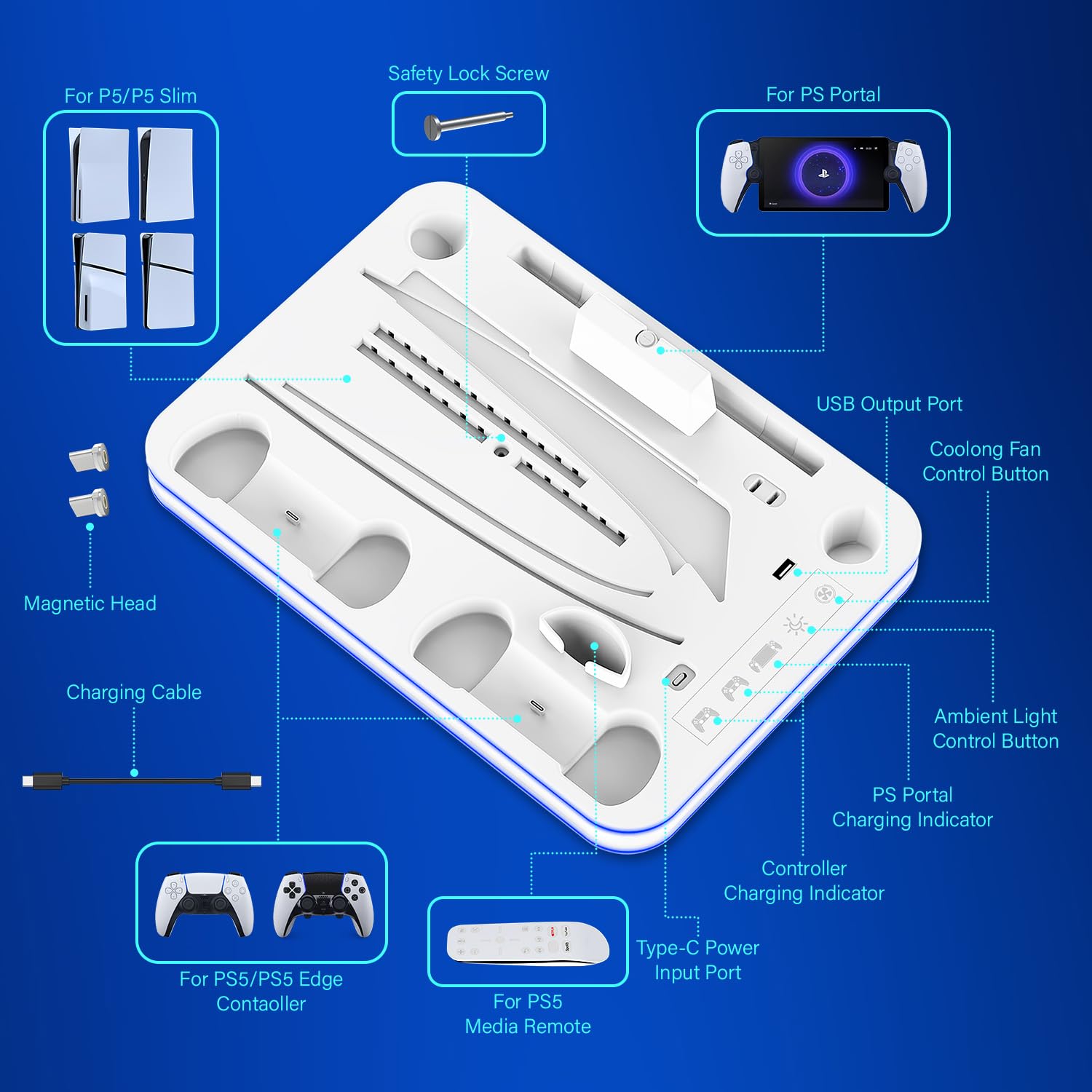 Sehawei Supporto per PS5/Pro/Slim con Ventola di Raffreddamento, Ricarica Controller PS5, Dock di ricarica PS Portal,PS5 Supporto Verticale con Indicatori LED e Headset holders per PS5/Pro/PS5 Slim