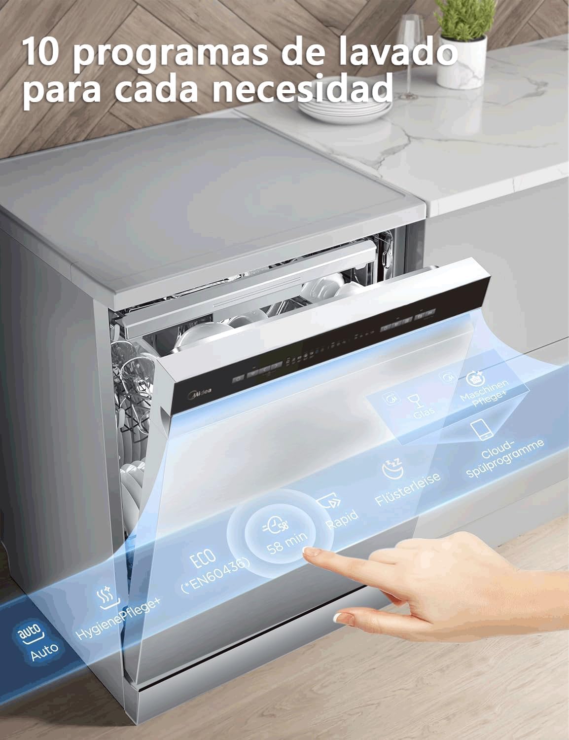 Close-up of the dishwasher control panel, showing various wash program options and a hand selecting a program.