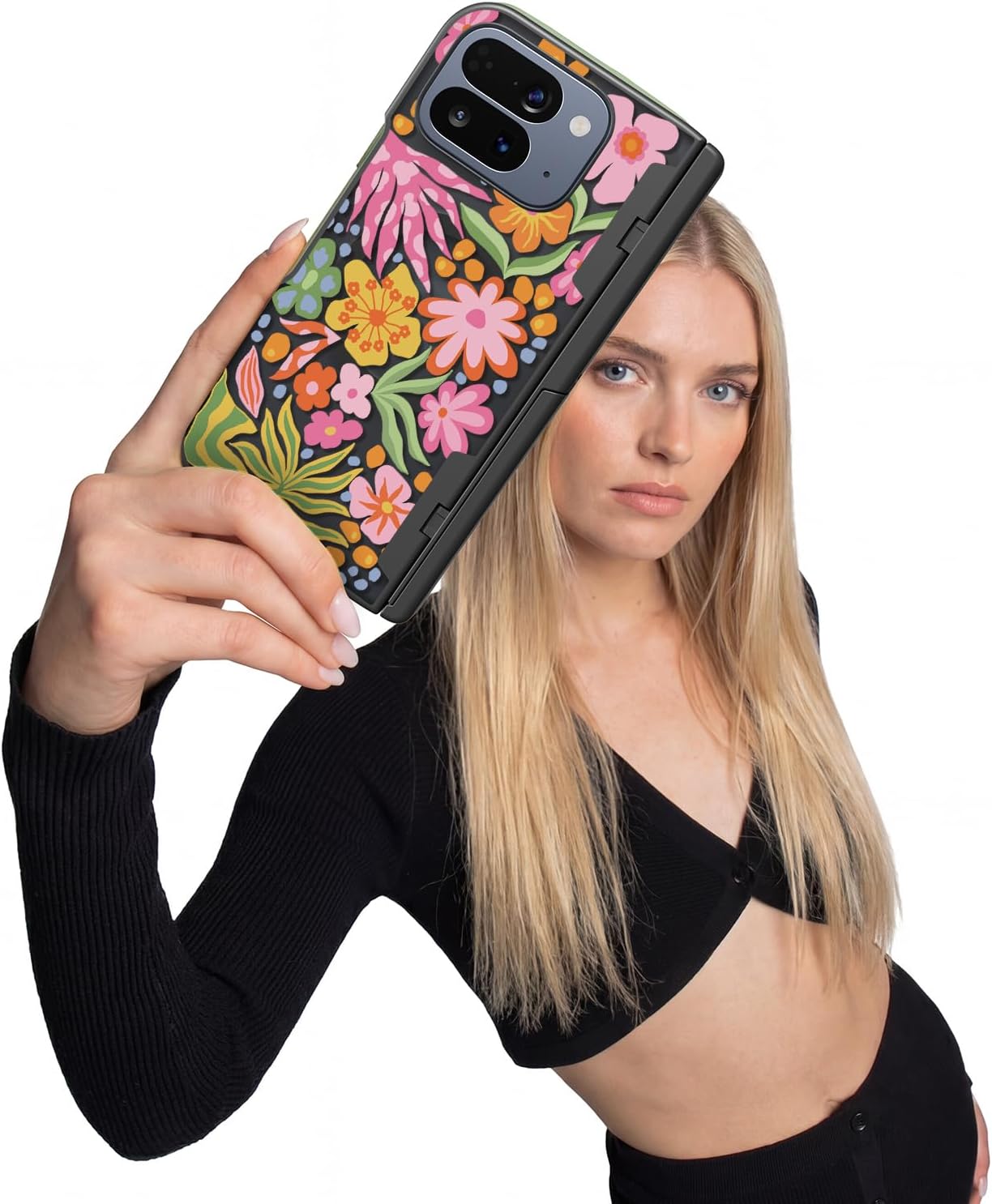 Magnetic for Google Pixel 10 Pro Fold Case with Magsafe - Built-in [Screen Protector] [Hinge Protection] [Kickstand] - Full Body Protective Phone Case - Passion Flower Black