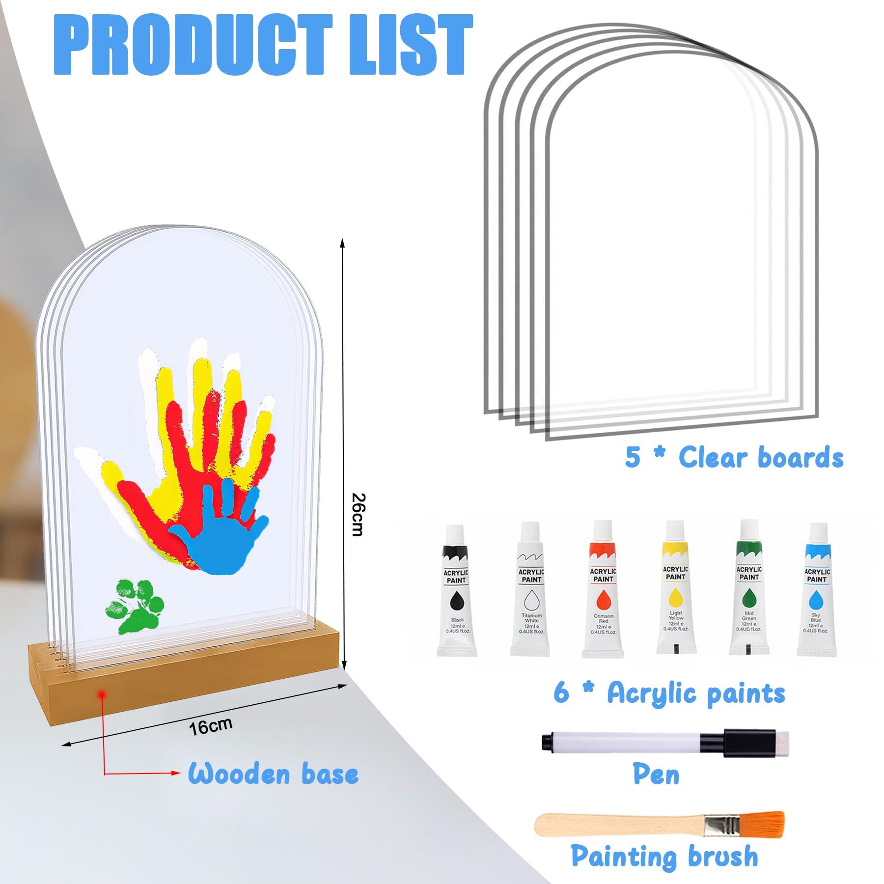 Kit d'empreintes de Mains et Pied Bébé 5 Panneaux Plexiglas Base Bois Souvenir DIY