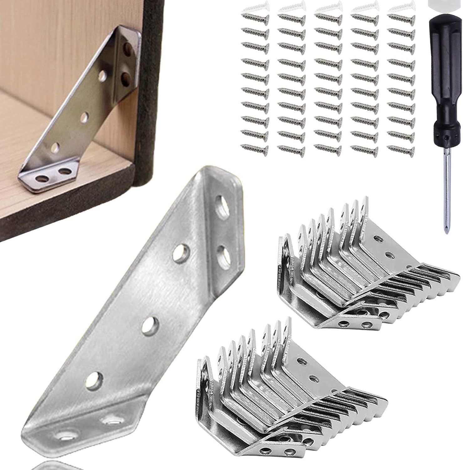 Universal Stainless Steel Furniture Corner Connector, Angle Fasten Connector Furniture Triangle Support Frame Stainless Steel Corner Bracket for Shelf Cabinet Table Chair (20pcs)