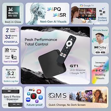 RockTek GT1 - Android TV Box | 2GB DDR4 RAM | 32GB Storage, HDMI 2.1, 4K, Wi-Fi 5, Bluetooth 5.2 | UHD Streamer for TV | Certified Google TV |