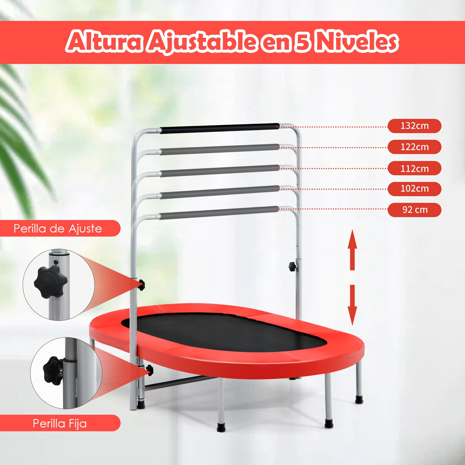 GYMAX Trampolín Plegable para 2 Personas, Trampolín Infantil con Mango Ajustable de 5 Niveles, Cama Elástica para Niños y Adultos, Soporta hasta 150 kg, para Interior y Exterior