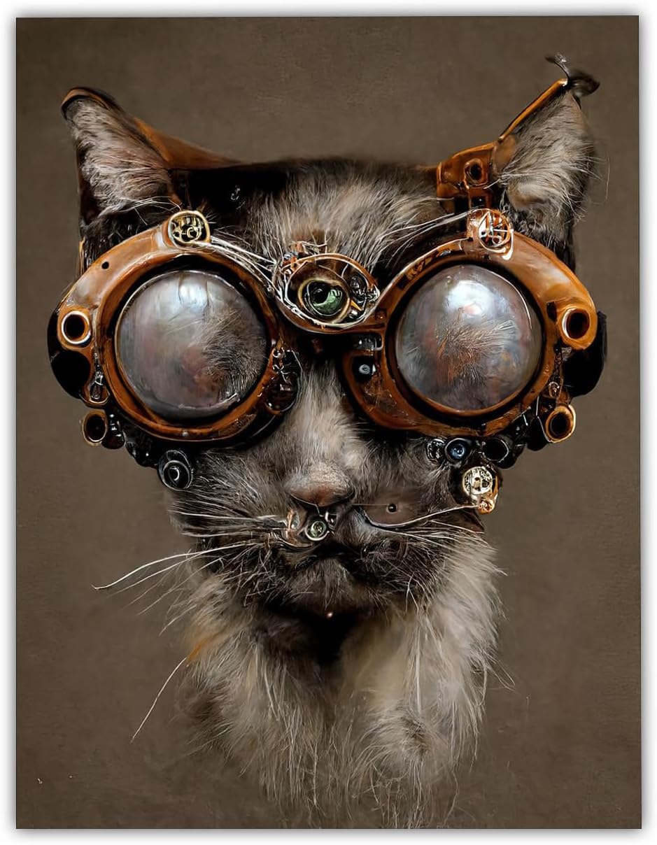 Steampunk Cat Wearing Goggles 28x36 Unframed Print – Lifelike Yet Surreal Appearance, Industrial Retro-Futuristic Look, Cyberpunk Aesthetic, Sci-Fi Fantasy Feline Wall Print, Gift for Cat Owners