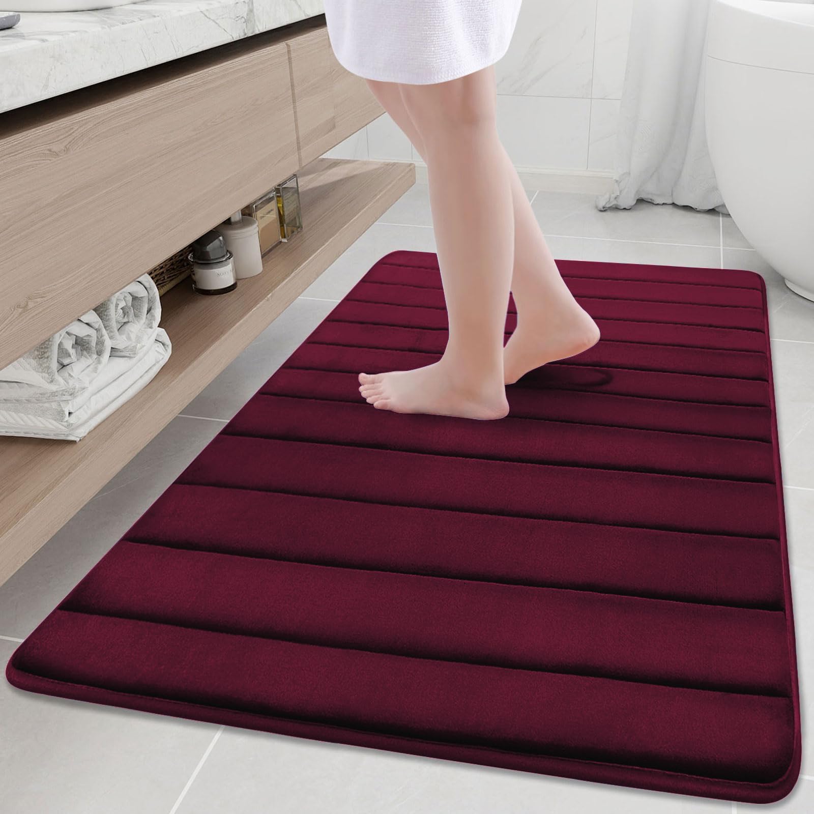 Buganda Memory Foam Bath Mat, 47" x 32", Ultra Soft and Non-Slip Bathroom Rugs, Water Absorbent and Machine Washable Bath Rug Runner for Bathroom, Shower, and Tub, Burgundy