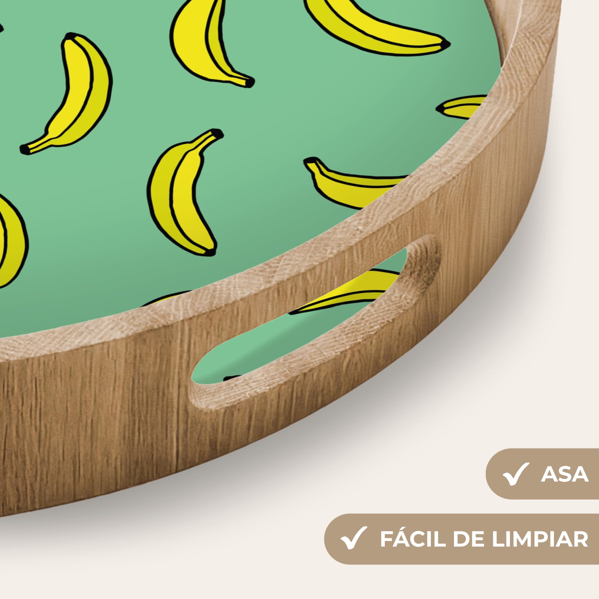 Bandeja Madera De Roble Redonda 40x40 cm Bandejas Desayuno para Servir Comida Cocina Resistente Al Calor Cafe Tray Tabuleiro Plátanos - Amarillo - Verde - Imprimir