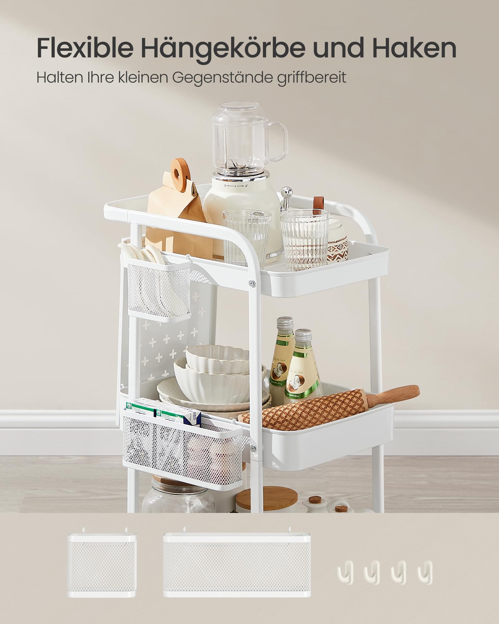 SONGMICS Rollwagen, Küchenwagen, 3 Metallgitterablagen, Servierwagen, 2 abnehmbare Lochplatten, 2 Hängekörbe, 4 Haken, für Büro, Küche, Wohnzimmer, Badezimmer, wolkenweiß LRC037W01